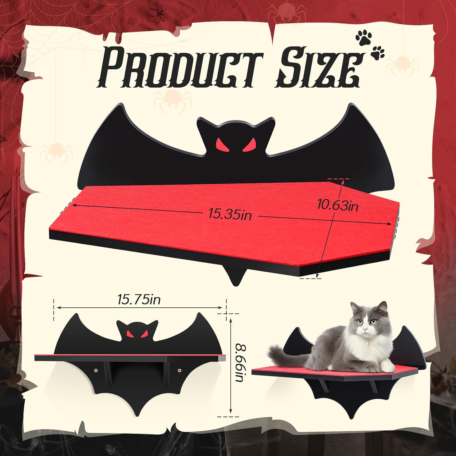 Gemscream Cat Shelves for Wall, Halloween Bat Floating Gothic Bed with Coffin Scratching Board Cat Wall Tree Can Load Bearing up to 30 Lbs/ 14 kg