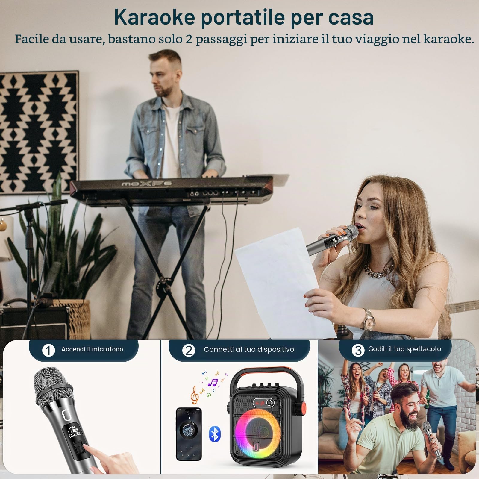 JYX Karaoke con 2 Microfono per la festa in casa, Casse Karaoke Professionale Completo Portatile Altoparlante Supporto Bluetooth/USB/TF/AUX/FM/TWS
