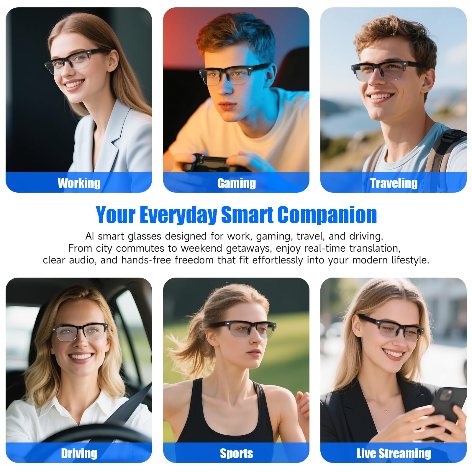 GenXenon AI Smart Glasses Bluetooth KI Brille 164 Sprachen Echtzeitübersetzung Photochrome Brillengläser Halbrand-Design Offene Lautsprecher