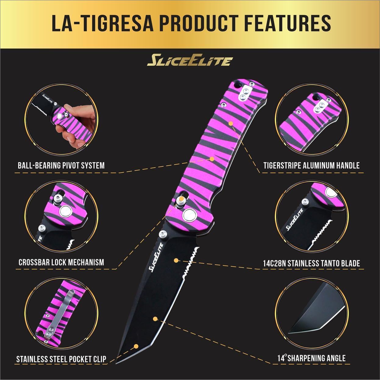 SliceElite La Tigresa EDC Pocket Knife 14C28N Stainless Tanto Serrated Blade Black Titanium PVD Finish Crossbar Lock Pink Tiger Stripe Aluminum Handle Folding Knife Outdoor Camping Hunting Survival