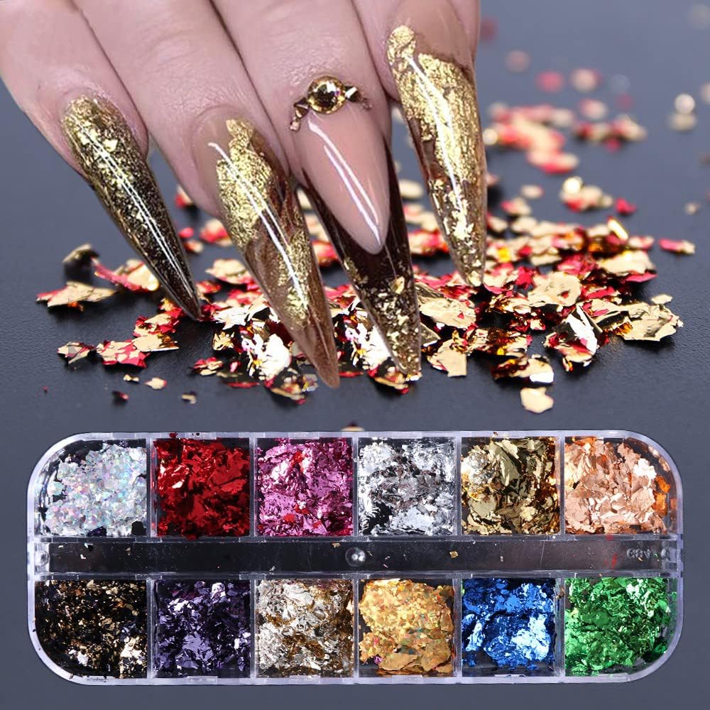12 Colors Nail Art Foil Flakes – Metallic Gold Silver Leaf Flakes Glitter for Nail Decoration, Resin Craft, Makeup & DIY Accessories-image-27