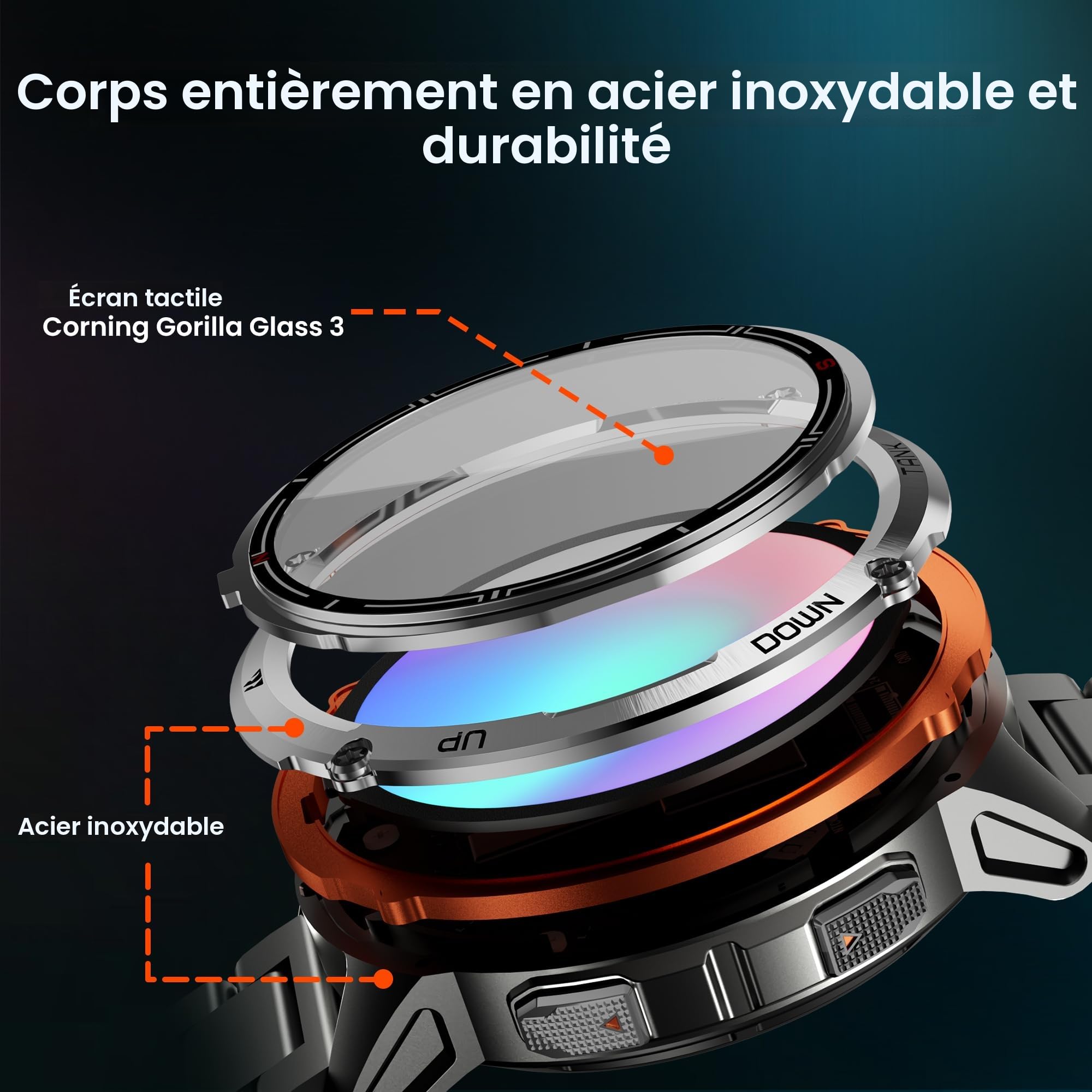 KOSPET Tank T3 Ultra 2 Montre Connectée Homme, GPS, Étanche 5 ATM & IP69K | Corps Entièrement en Acier Inoxydable, Appel Bluetooth, Suivi du Fréquence Cardiaque et Sommeil, Compatible Android et iPhone