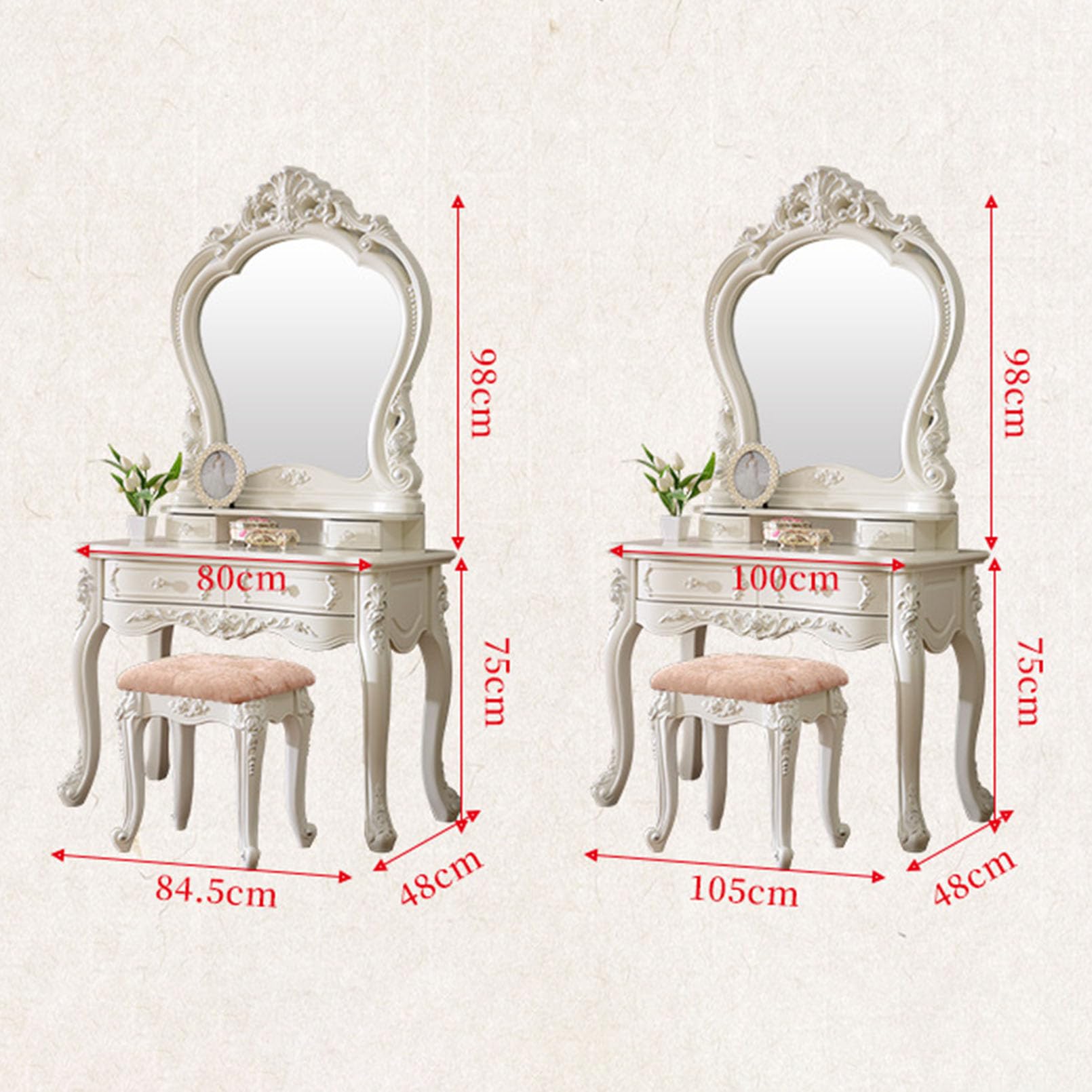 Juego de tocador y mesa de estilo europeo, taburete tapizado, mesa de maquillaje con 4 cajones, muebles de dormitorio para niñas, regalo elegante para mujeres