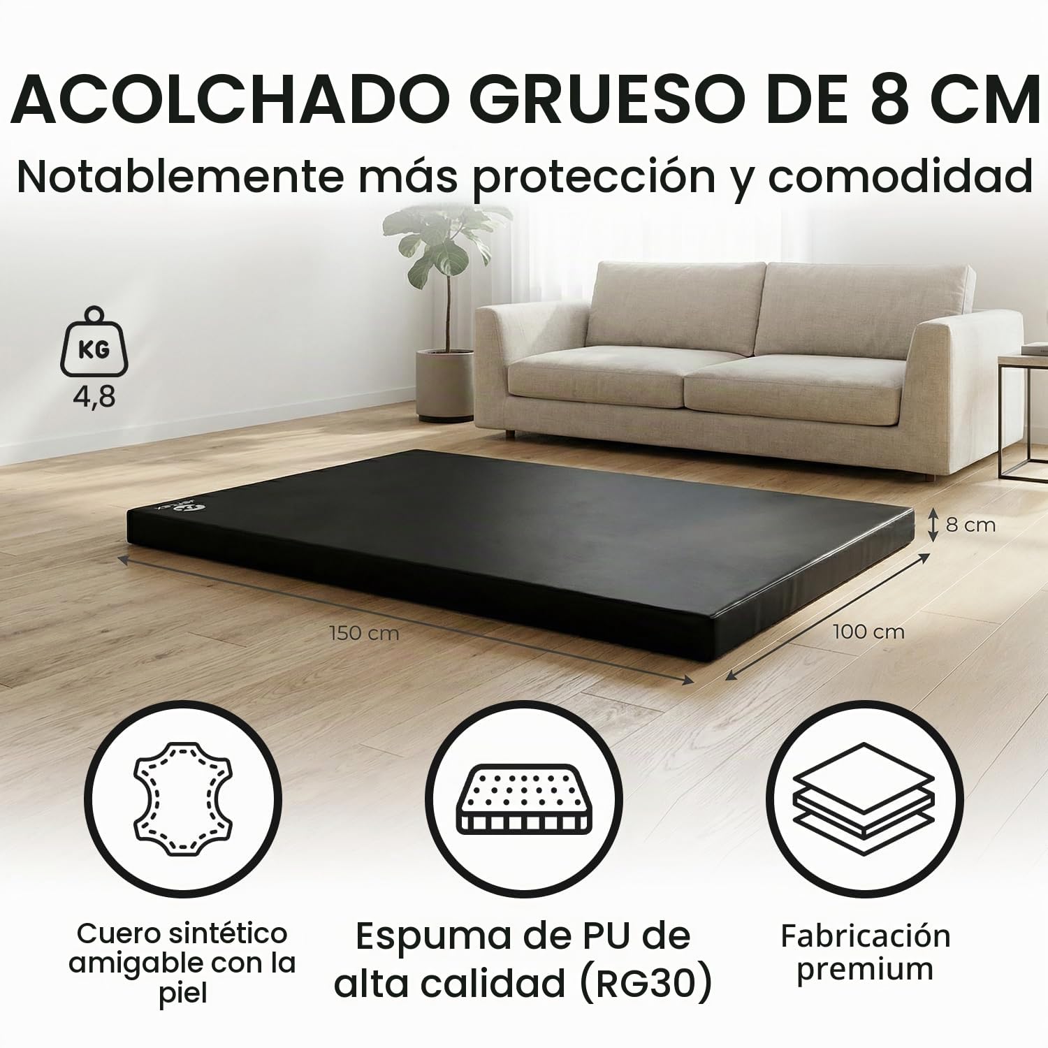 Jeflex - Colchoneta Gimnasia 150 x 100 x 8 cm fabricada en Alemania / Esterilla de gimnasia / Colchoneta multifuncional y esterilla de yoga / Esterilla de juego para habitación de los niños