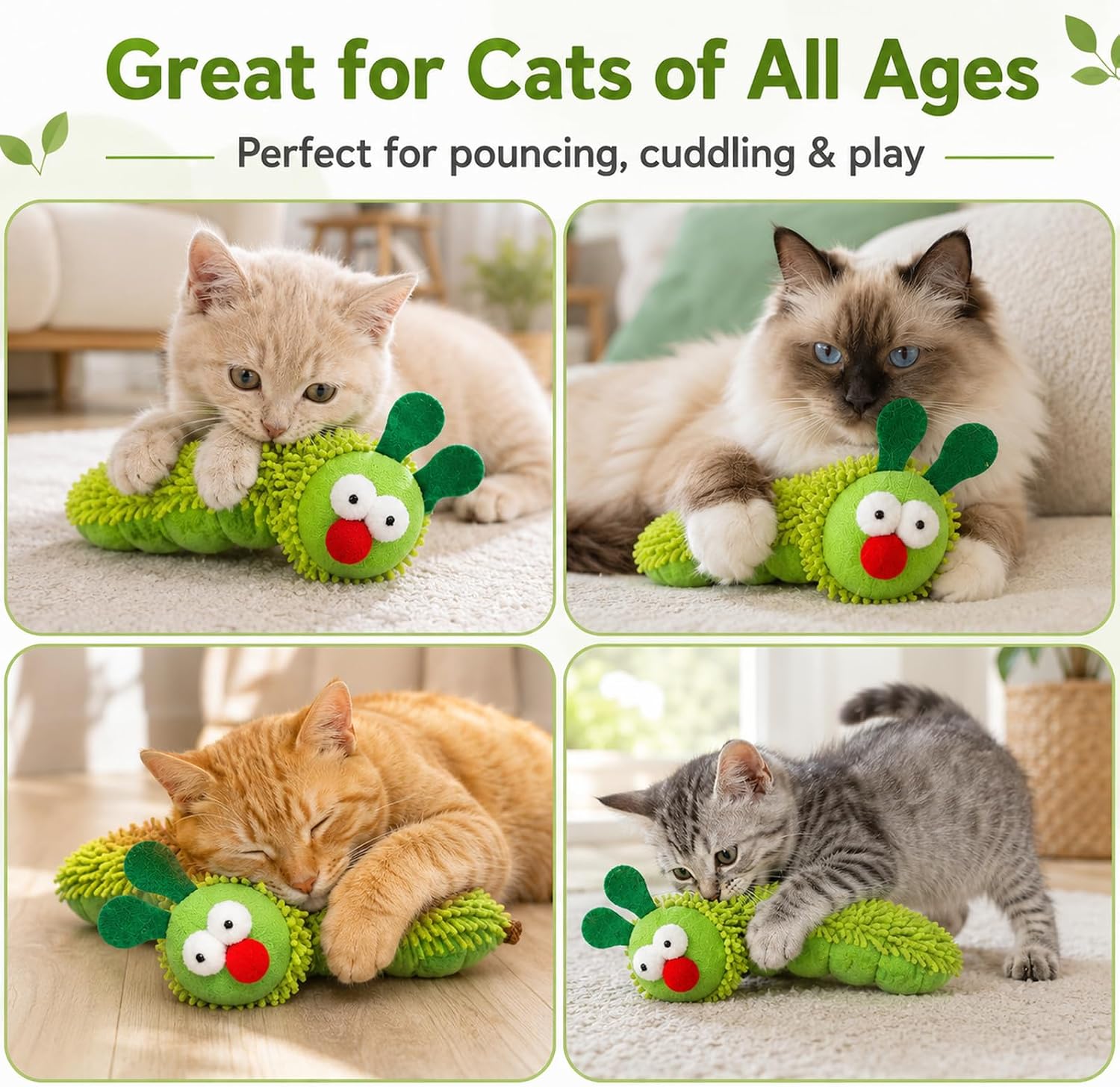 5-Piece Catnip Cat Toy Set with Plush Caterpillars & Silvervine Sticks | Includes 2 plush catnip caterpillar toys and 3 natural silvervine chew sticks for biting, chewing, kicking, and indoor play