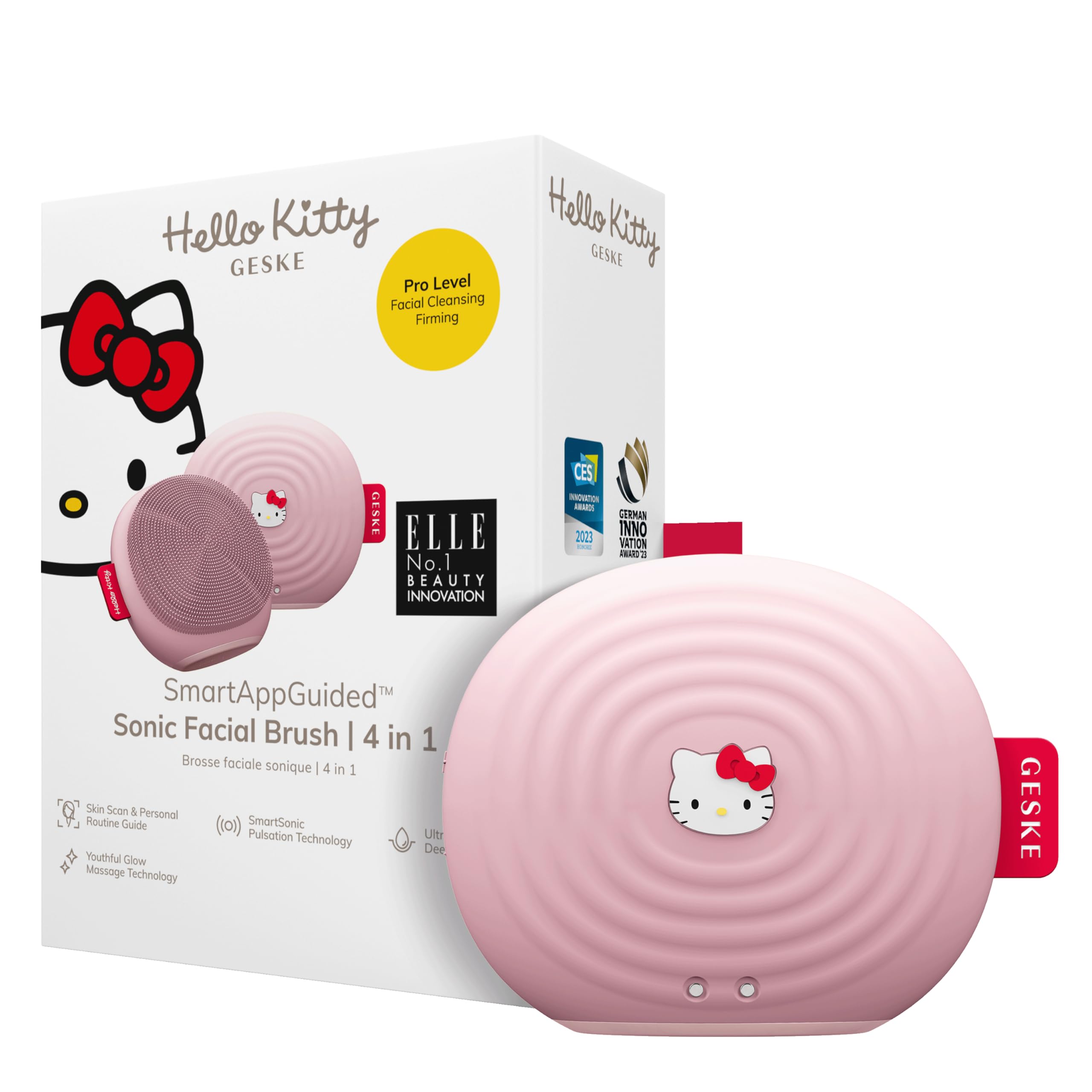 GESKEx Hello Kitty SmartAppGuided™ Sonic Facial Brush, 4 in 1, Electric Facial Cleansing Brush, Cleansing Brush, Skin Cleansing, Skincare, Gentle Cleansing