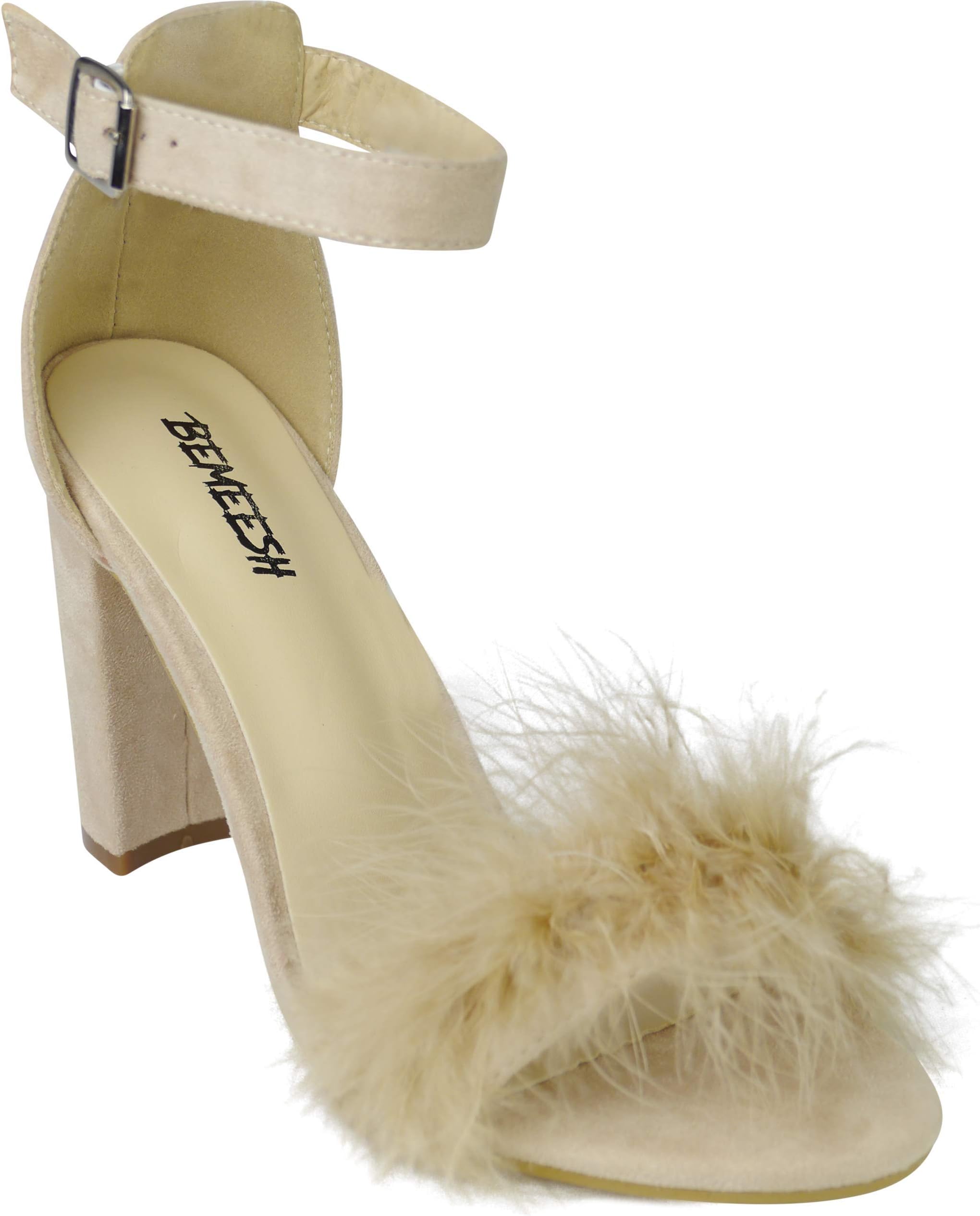 BeMeesh Womens Ladies Fur Sandal High Heels Shoes Fluffy Strappy Stiletto
