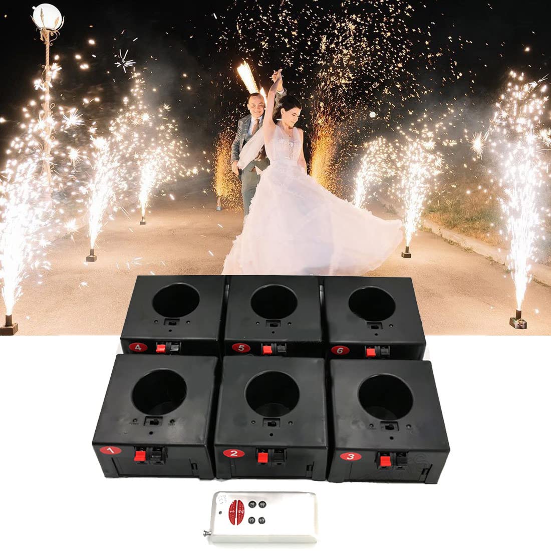 Macchina per Fuochi D'Artificio A Freddo, Mini Macchina per Fuochi D'Artificio A Fontana Fredda, Sistema Pirotecnico con Scintilla per Matrimoni con Telecomando Senza Fili, con Valigia,6Cues