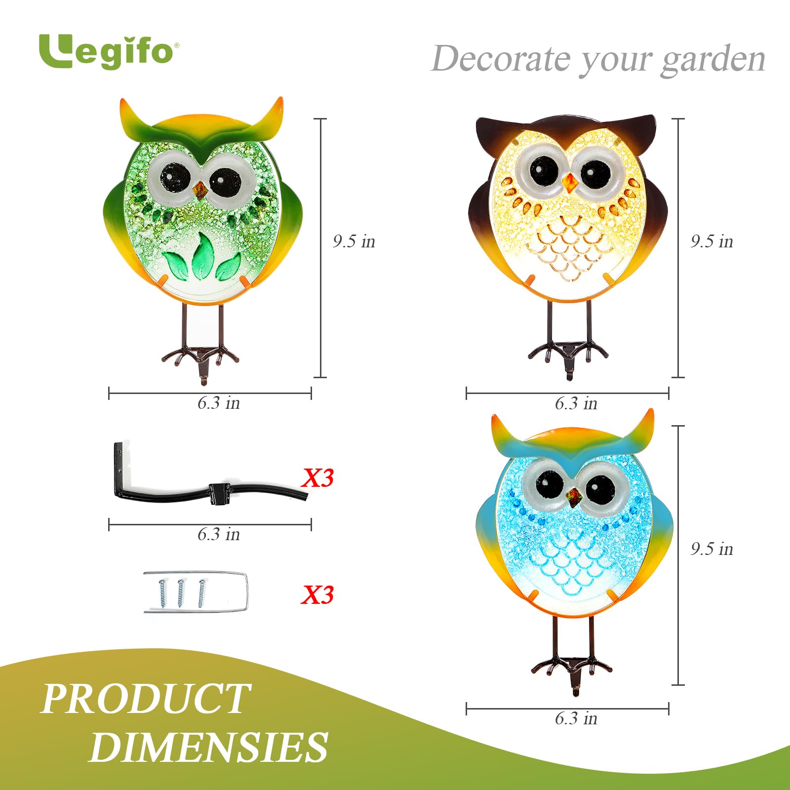 Owl Garden Decor Set of 3 Metal Glass Stand Tree Hugger Fence Outdoor Stake view 4