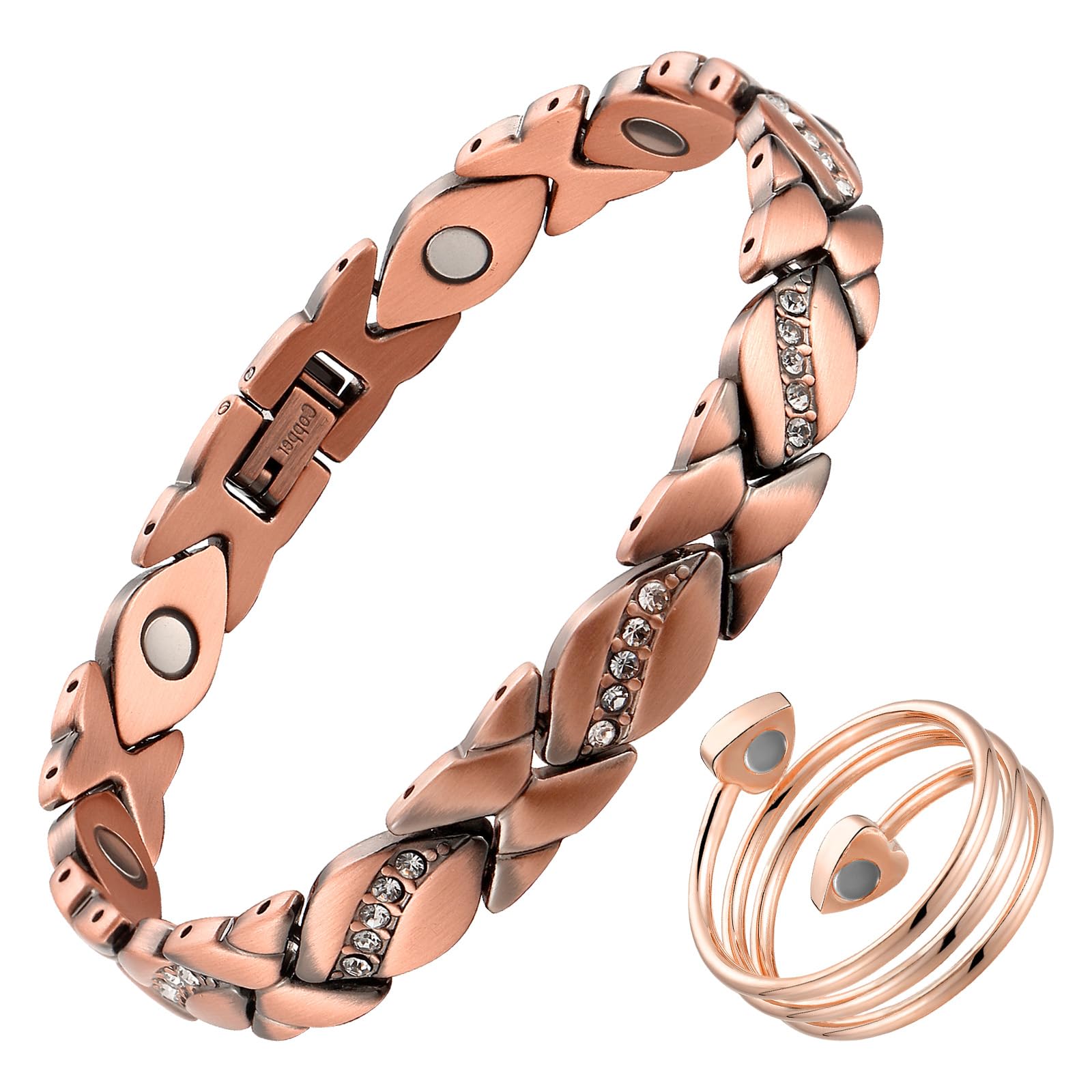 HHRFCS Kupfer-Magnetarmband und Ring-Set für Damen – Gliederarmband aus reinem Kupfer mit 3800 Gauss-Magneten und verstellbarem Herzring, Schmuckgeschenk