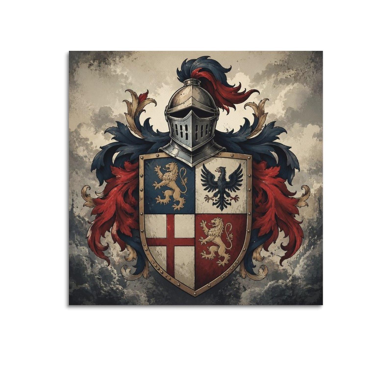XKUGA Medieval Shield Gothic Poster Modern Heraldic Lion Eagle Crest Modern Decorative Canvas Prints - Ideal Wall Art for Family, Man Cave, Game Room, Boys & Girls Bedroom 28x28inch(70x70cm)