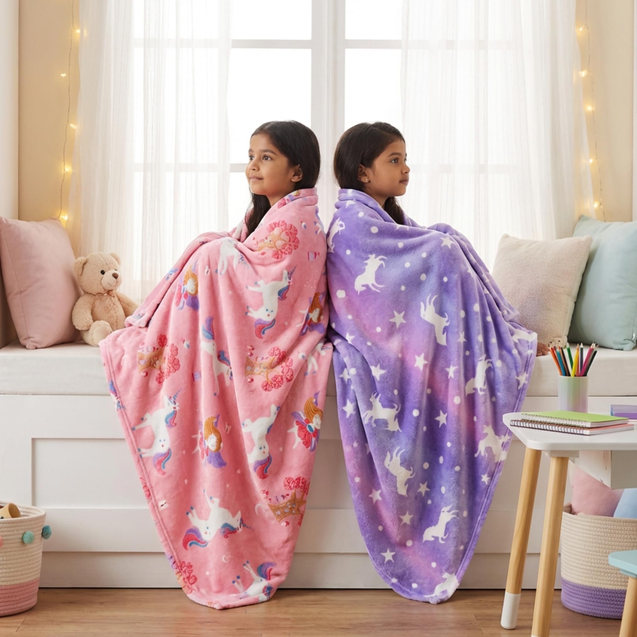 Famyo Glow in The Dark Kids Flannel Fleece Blanket Combo 200x152 cm | Soft warm machine washable blanket, purple & pink, ideal for boys & girls, cozy double bed throw