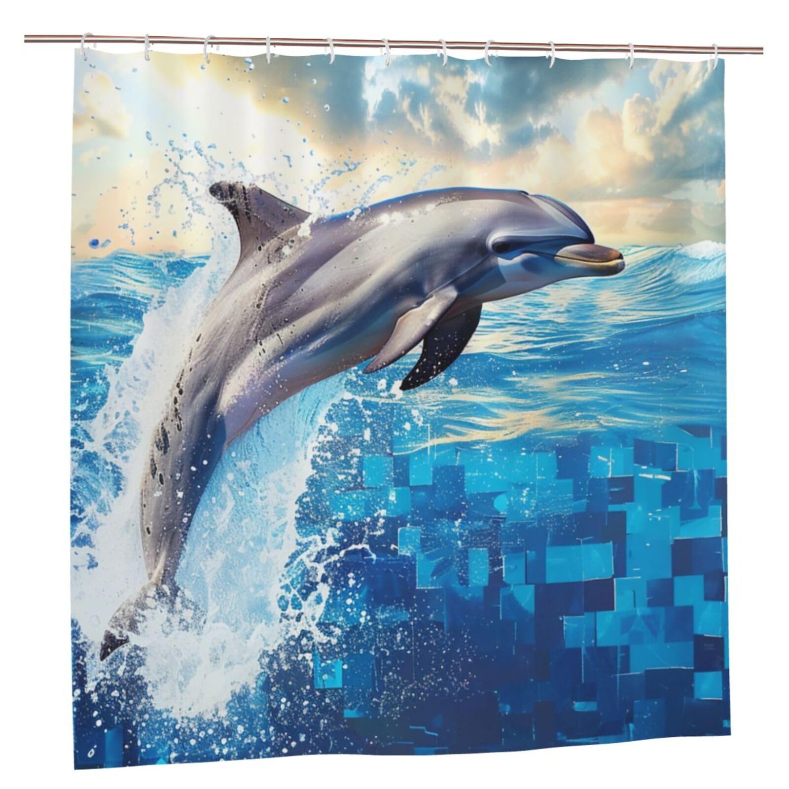 BWWHCCTI Dolphin Printed Shower Curtain With 12 Plastic Hooks Opaque Quick Drying Waterproof Shower Curtains Sets For Bathroom 183x183 CM