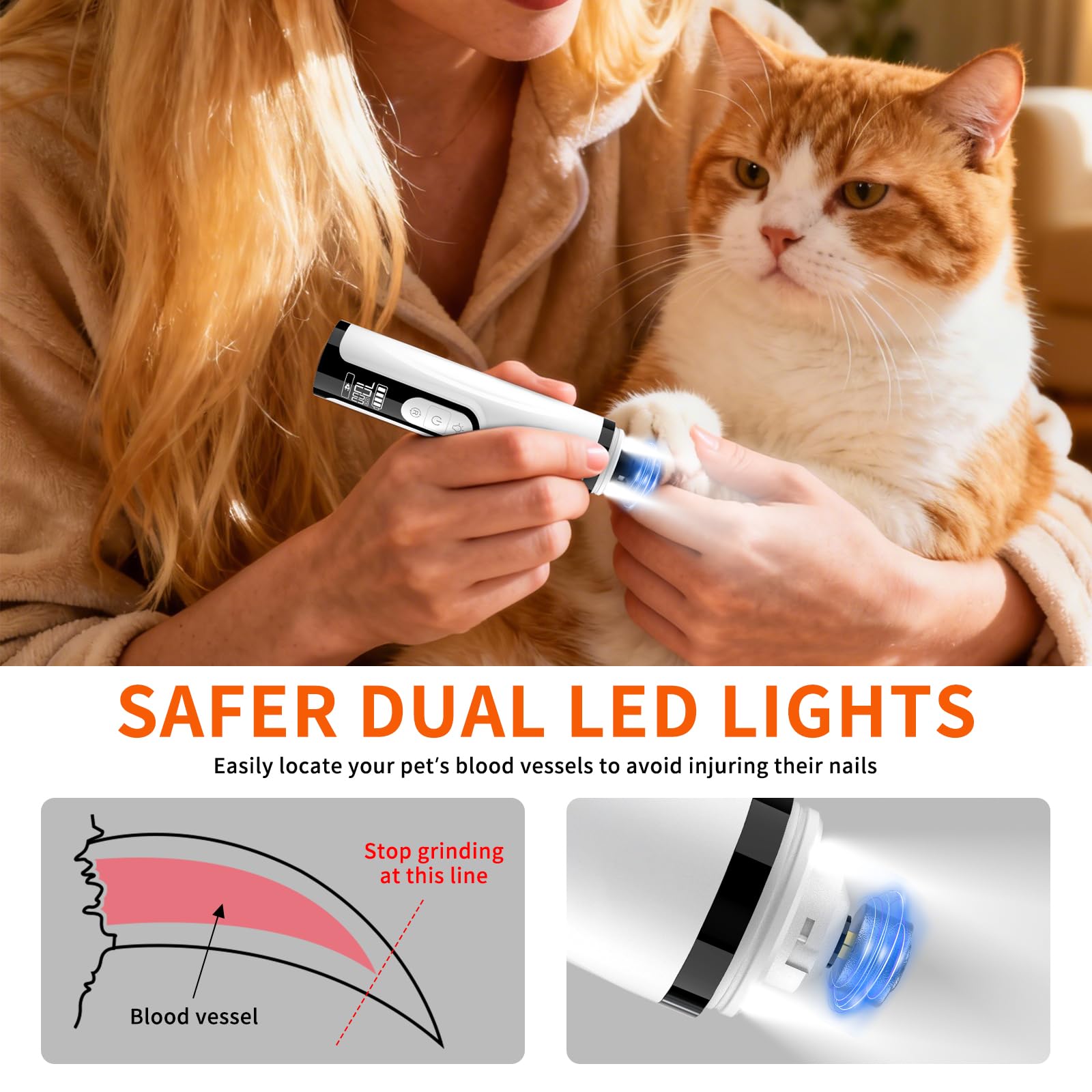 2026 Upgraded Silent Dog Nail Grinder, 3-Speed Powerful Electric Pet Nail Trimmer, Indoor cat Nail Trimmer,Rechargeable with 2 LED Lights/Grinding Wheels for Small, Medium, and Large Dogs and Cats - image 2