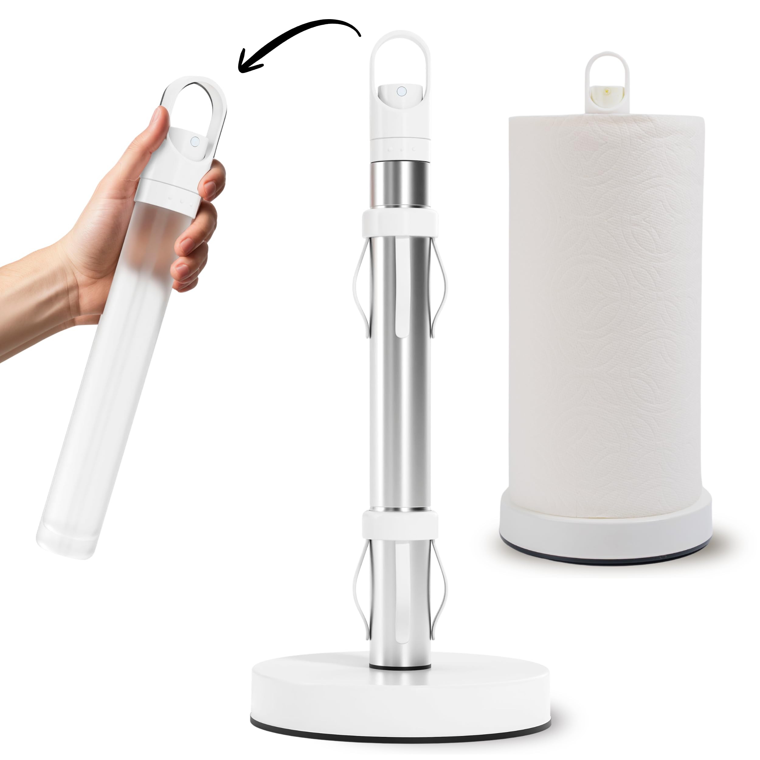 Stainless Steel Paper Towel Holder with Spray Pump – One-Handed Tear, Smart Traction System, 5 oz Sprayer Bottle, Heavy Duty Suction Cups, Weighted Base, Kitchen Towel Dispenser for Countertop Use
