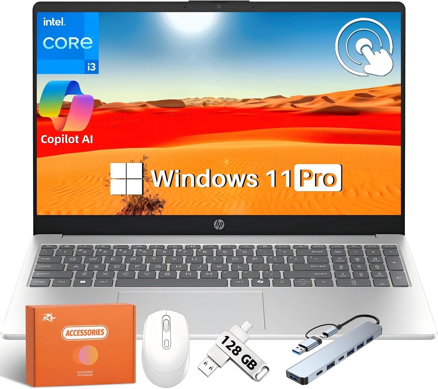 HP 2025 15.6″ Touchscreen Laptop Computer, Copilot AI PC, Intel 13th Core i3-1315U, 64 GB RAM, 2 TB SSD, Intel UHD Graphics, Long Battery Life, Fast Charge, Wi-Fi 6, BT, Windows 11 Pro, Accessories HP 2025 15.6″ Touchscreen Laptop Computer, Copilot AI PC, Intel 13th Core i3-1315U, 64 GB RAM, 2 TB SSD, Intel UHD Graphics, Long Battery Life, Fast Charge, Wi-Fi 6, BT, Windows 11 Pro, Accessories