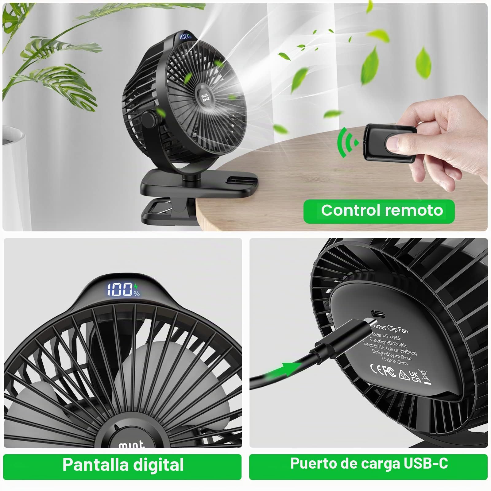 Minthouz Ventilador Portátil con Clip, Ventilador USB-C Recargable de 8000 mAh, 5 Velocidades, Ventilador Silencioso de Escritorio Ideal para Camping, Hogar, Oficina y Carrito para Bebé (Negro)