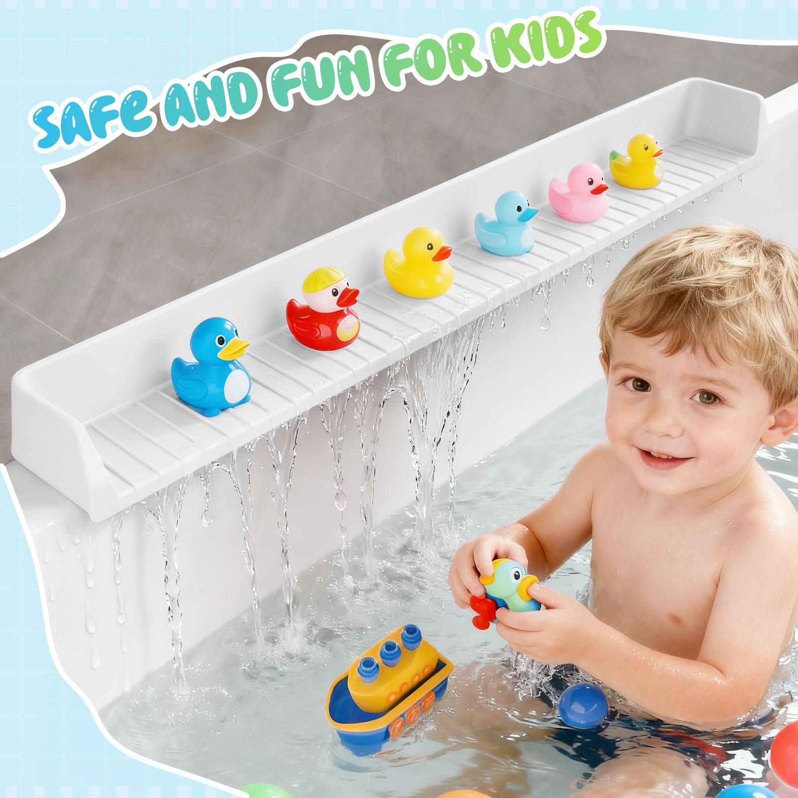 Dreamtop Protector contra salpicaduras para bañera, estante de juego de 2.6 pies para baño, bandeja de juguetes para bañera, protector de salpicaduras de silicona para evitar derrames de agua en el