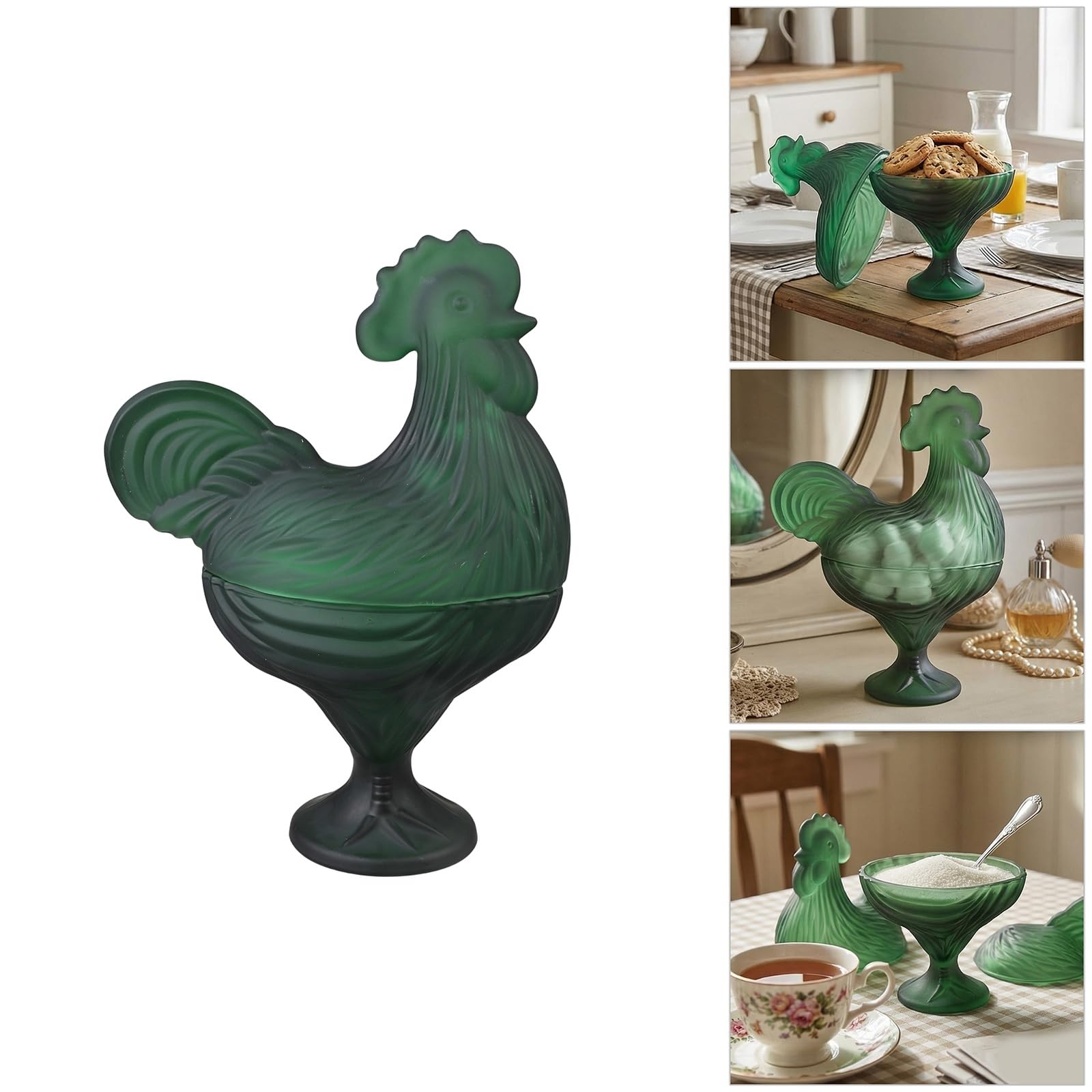 Bocal à bonbons décoratif en verre avec couvercle pour contenir des friandises, des noix ou des petits articles ménagers, sculpture de coq en verre, bocal à bonbons avec couvercle et plaque couverte