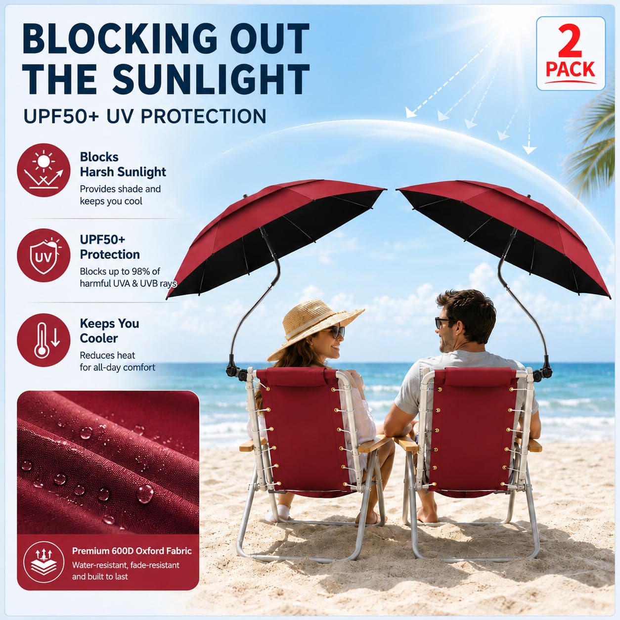 Parasol Double de 123,4 cm avec Pince, Protection UPF50+, Parasol de Plage avec Clip, réglable à 360° pour Fauteuil Roulant, terrasse, Camping,Rouge,1 Pack