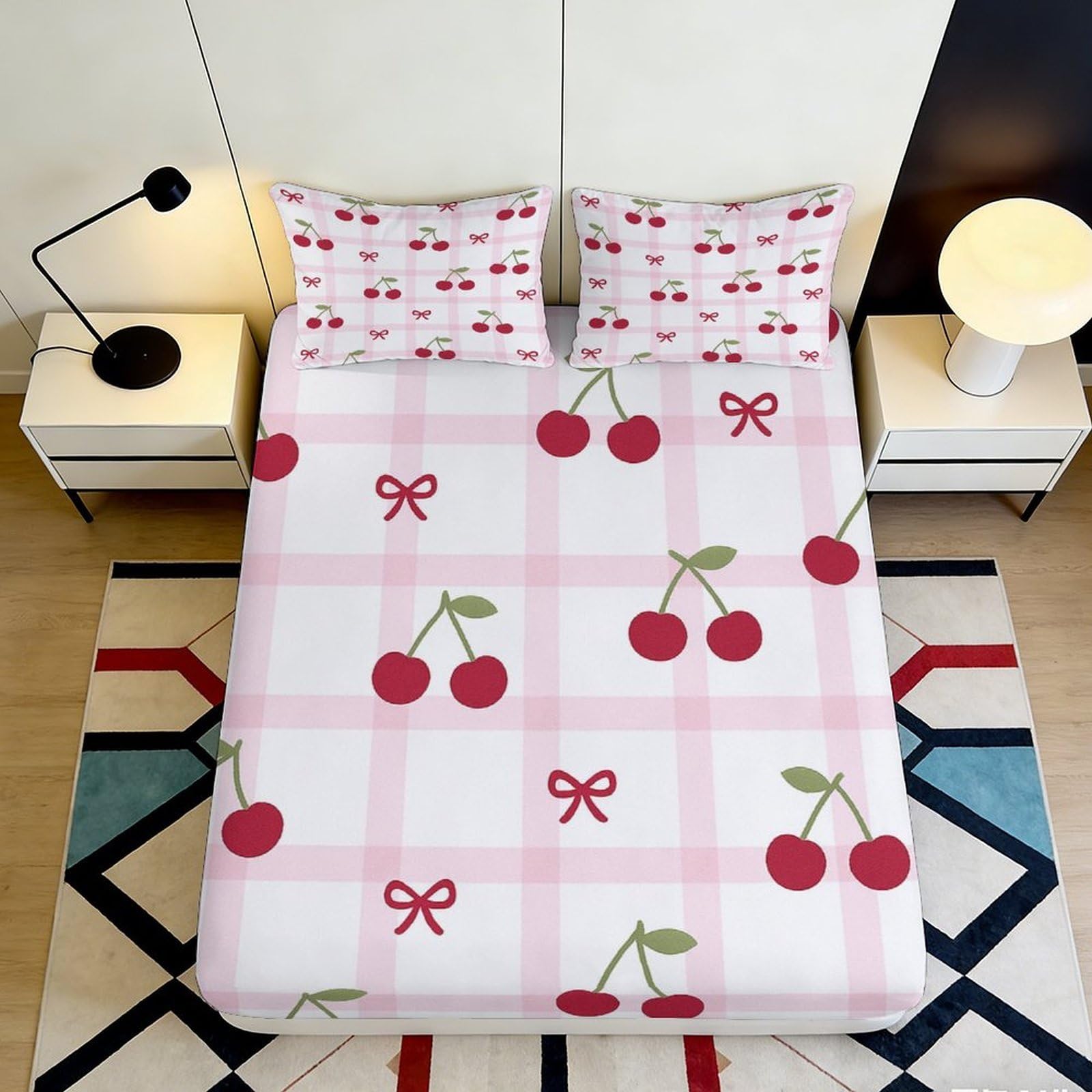 Pnayamiorkfel Style-6 3D Printed Pink Cherry Plaid Fitted Sheet Microfiber Soft Anti-Slip Bed Cover For Bedroom Guest Room Decor 90X200x25cm