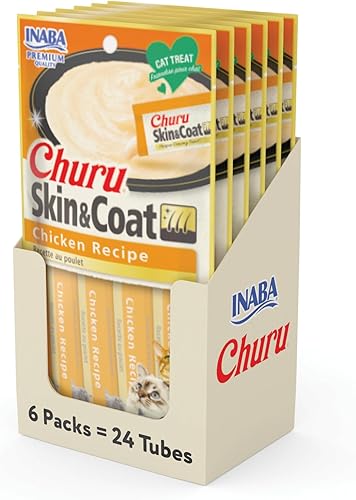 INABA Churu - Puré natural para gatos para la piel y el pelaje con aceites omega, taurina y vitamina E, 0.5 onzas cada uno, 24 tubos (cuatro por