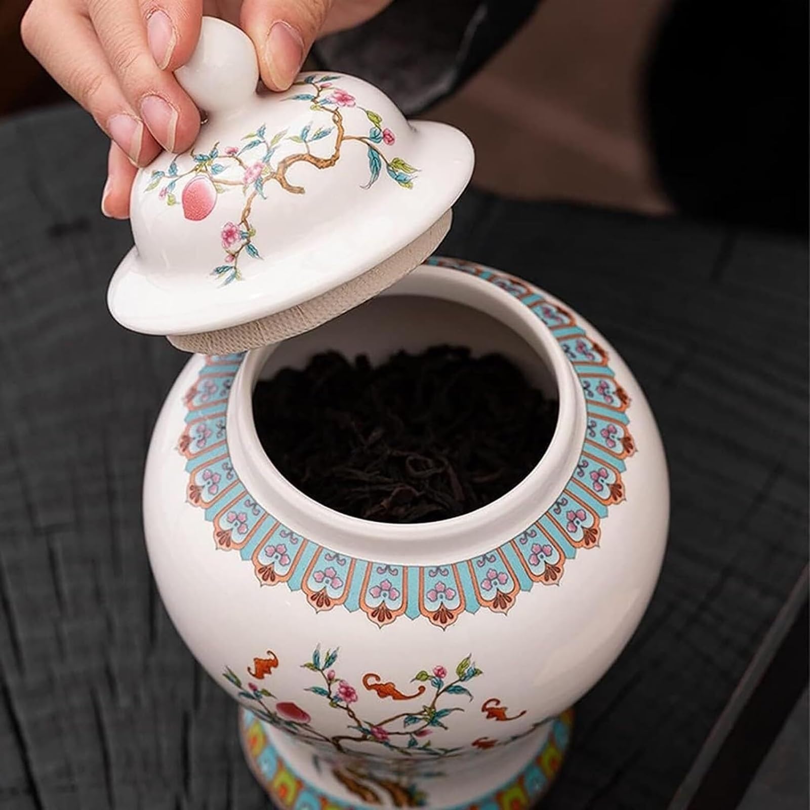 Duży ceramiczny wazon na imbir, dekoracyjne słoiki na imbir z kwiatowymi owocami, szkliwiona herbata luzem, dekoracyjny słoik z porcelany,