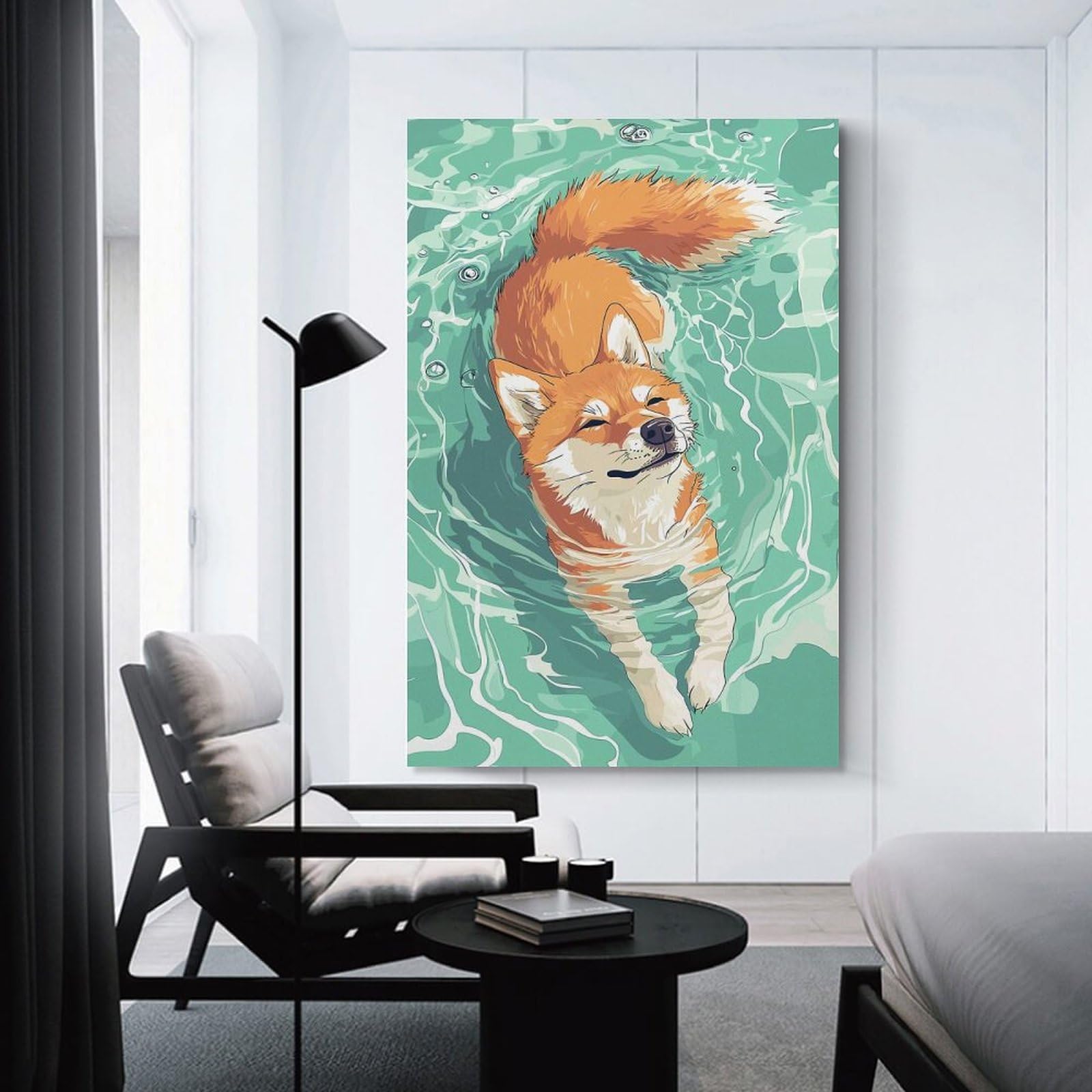 Junmoney Shiba Inu Dog Swimming Illustration Wall Art Print, 20x30inch(50x75cm), for Study, Office Or Focused Interiors, Home Office Artwork with Decorative Appeal