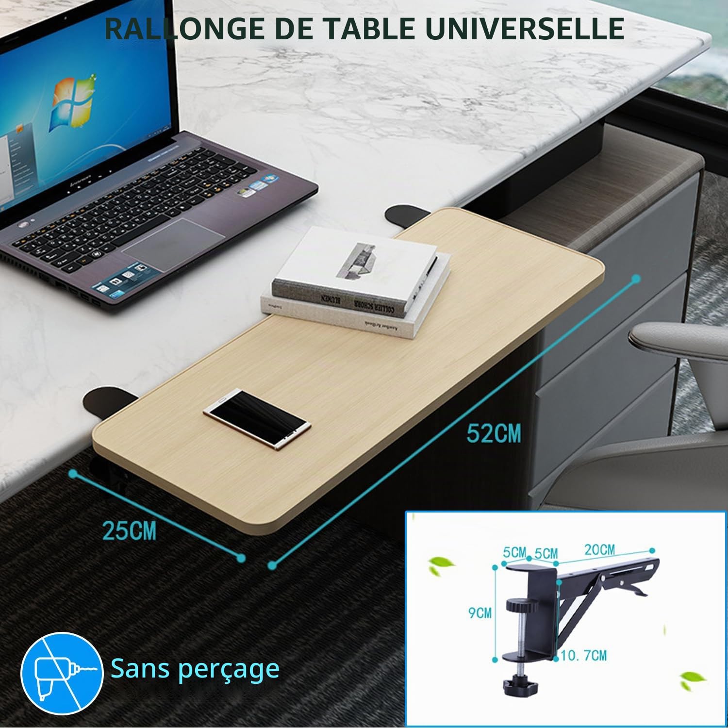 Extension de Bureau Pliable à 90° 52x25cm, Plateau d'extension Ergonomique, Rallonge pour Clavier, Installation sans Perçage, Extension Bureau Pratique (chêne - 52 x 25 cm)