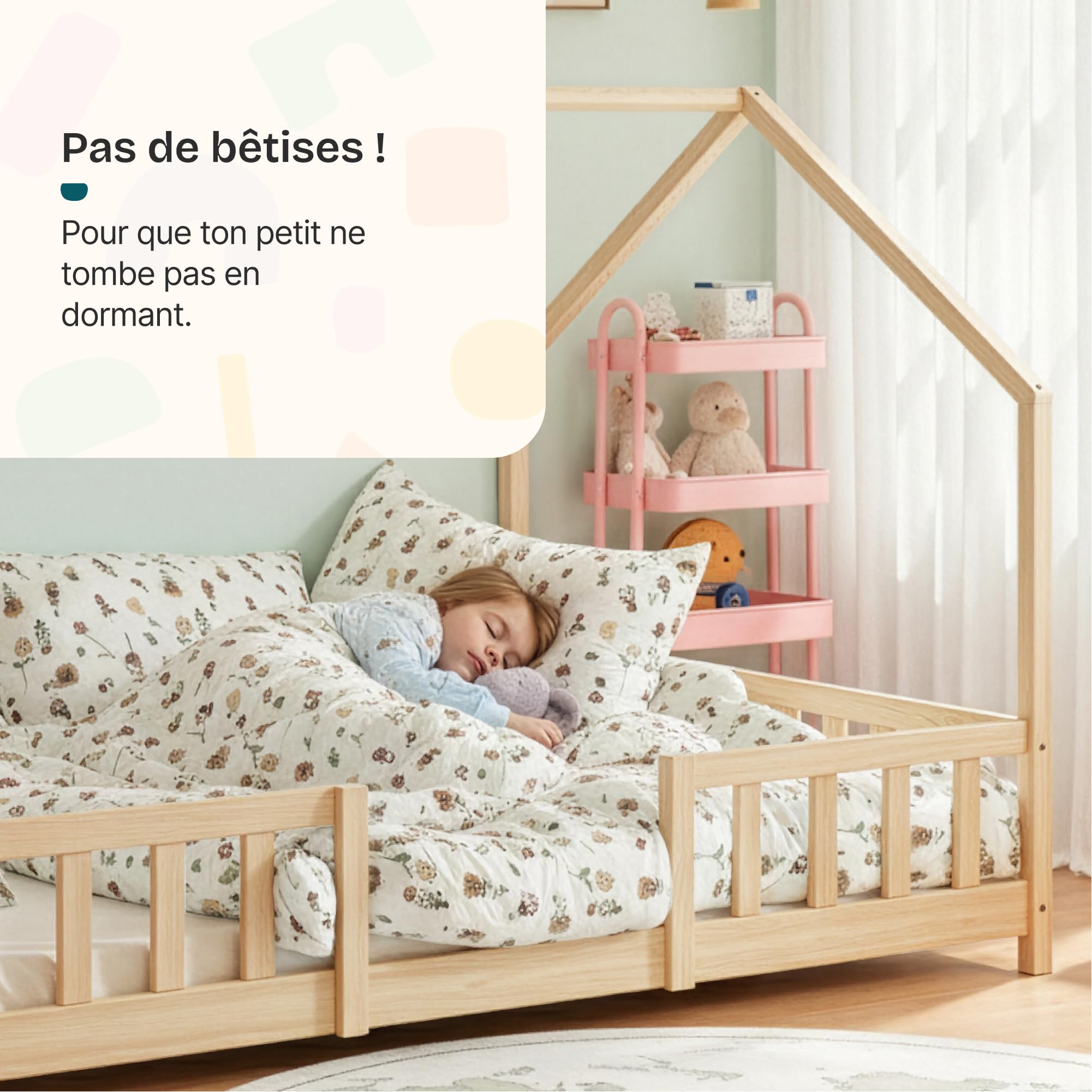 [en.casa] Cama para Niños de Madera Pino Sisimiut con Colchón Espuma Fría 120 x 200 cm Cama Infantil con Reja Protectora Somier Forma de Casita - Pino Natural