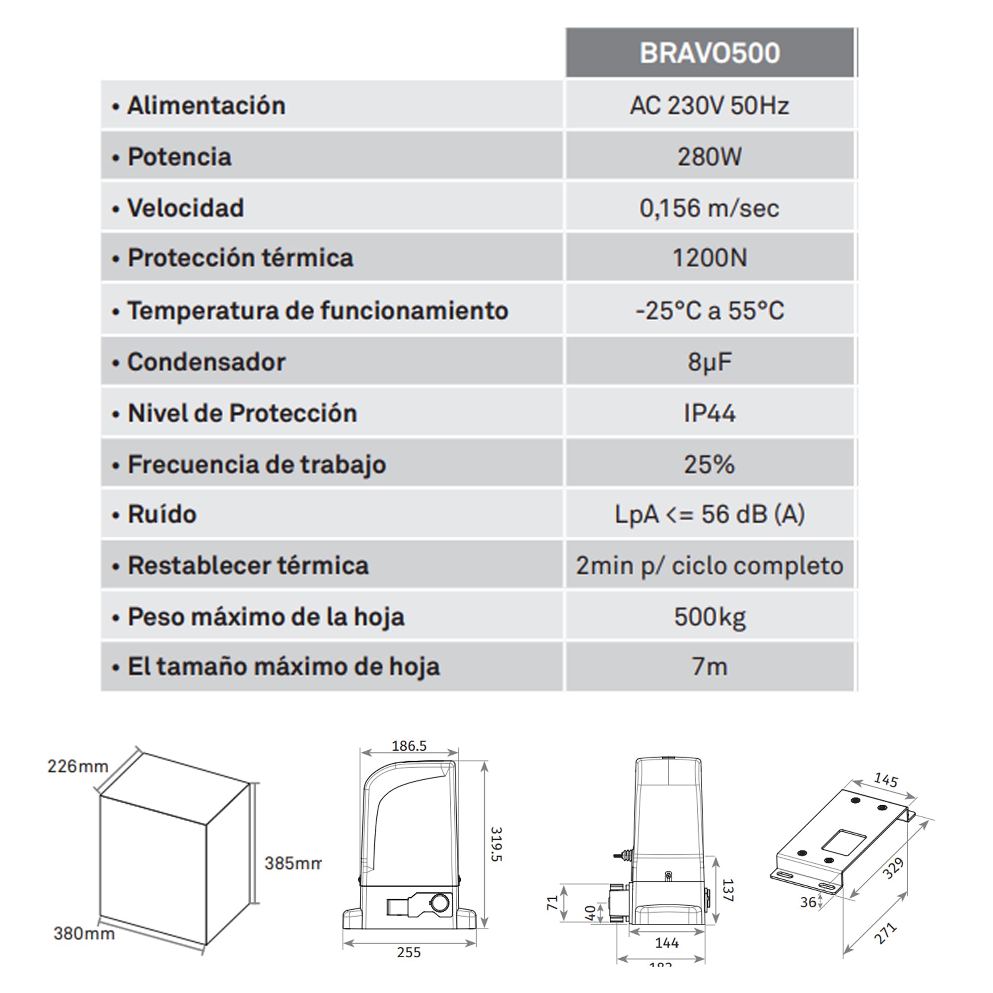 Kit completo Motorline Bravo 500 motor corredera profesional para automatizar puertas y cancelas correderas de hasta 500 kg de peso, con accesorios de calidad profesional y manual en español.