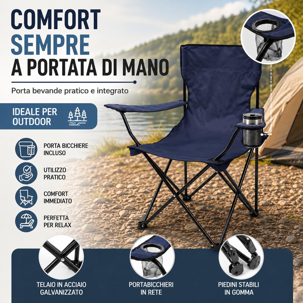 IlGruppone Sedia Camping Pieghevole in Acciaio con Porta Bevande – Sedia da Campeggio Portatile Impermeabile e Antiruggine con Sacca Trasporto – Ideale per Mare, Spiaggia, Pesca e Outdoor (Blu)