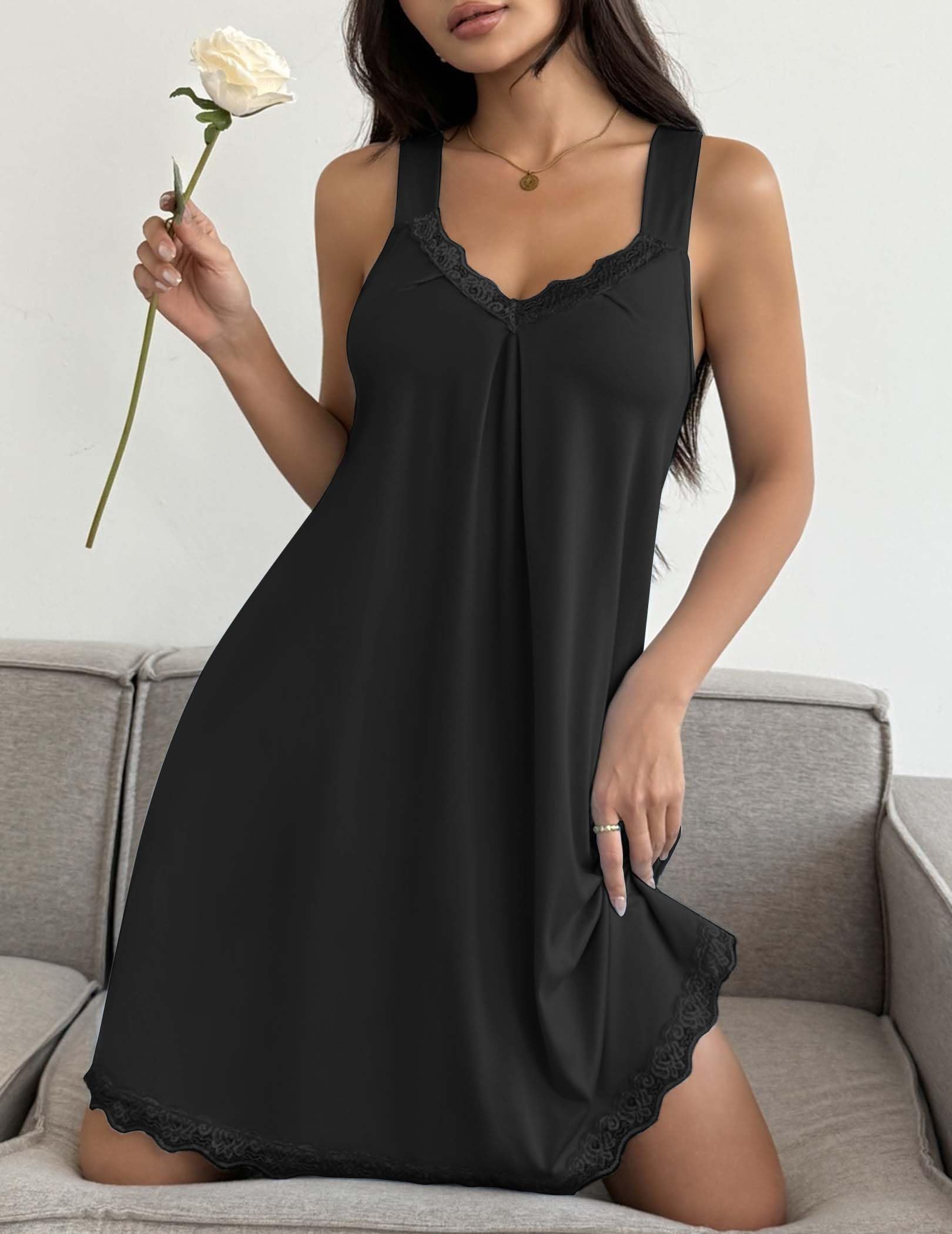 Ekouaer 2er Damen Nachthemden Ärmellos Chemise Nachtwäsche Sexy Full Slips Spitze Negligee V-Ausschnitt Sleepshirt Jersey Dessous