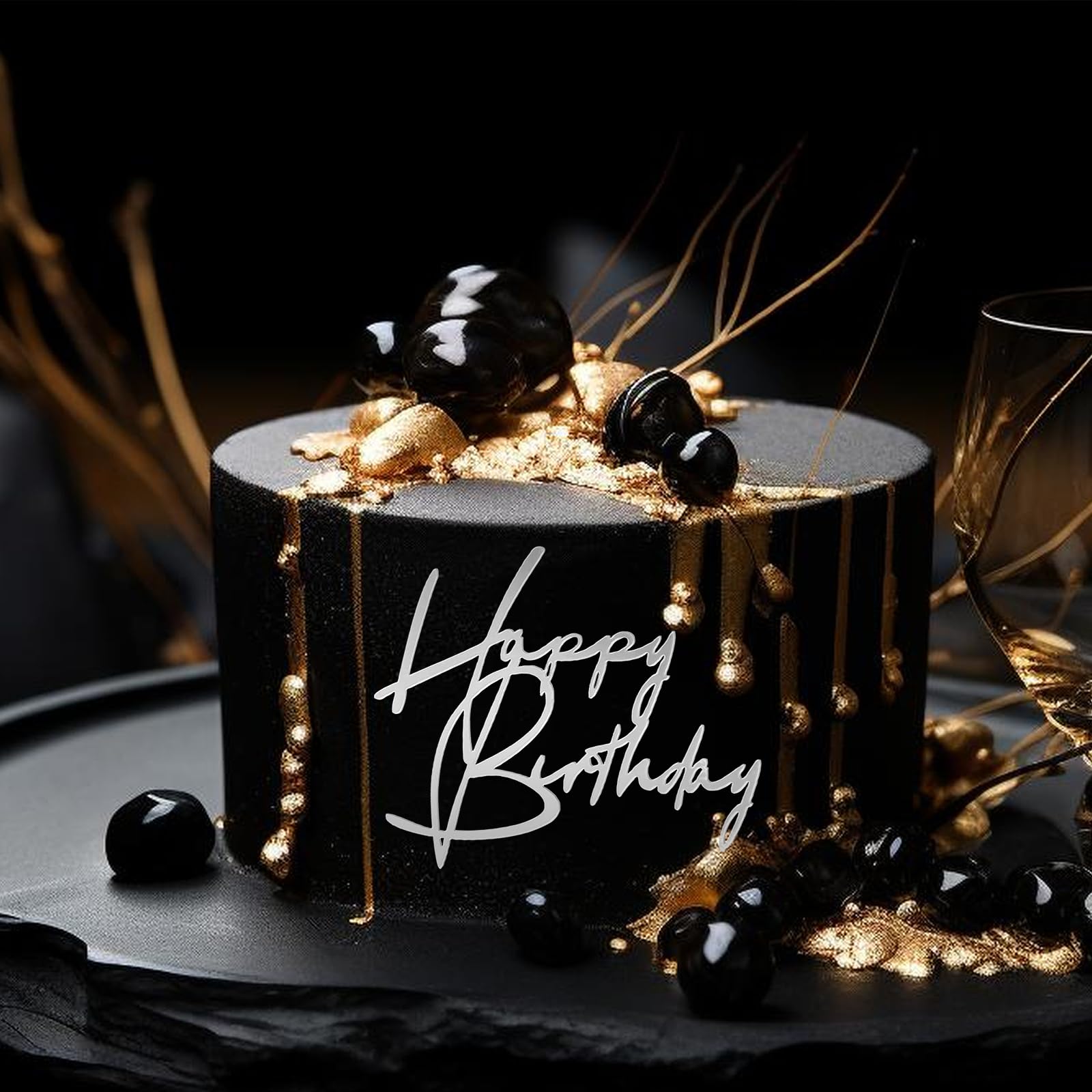 Décoration De Gâteau Happy Birthday 6 Pièces Noir Acrylique Joyeux Anniversaire
