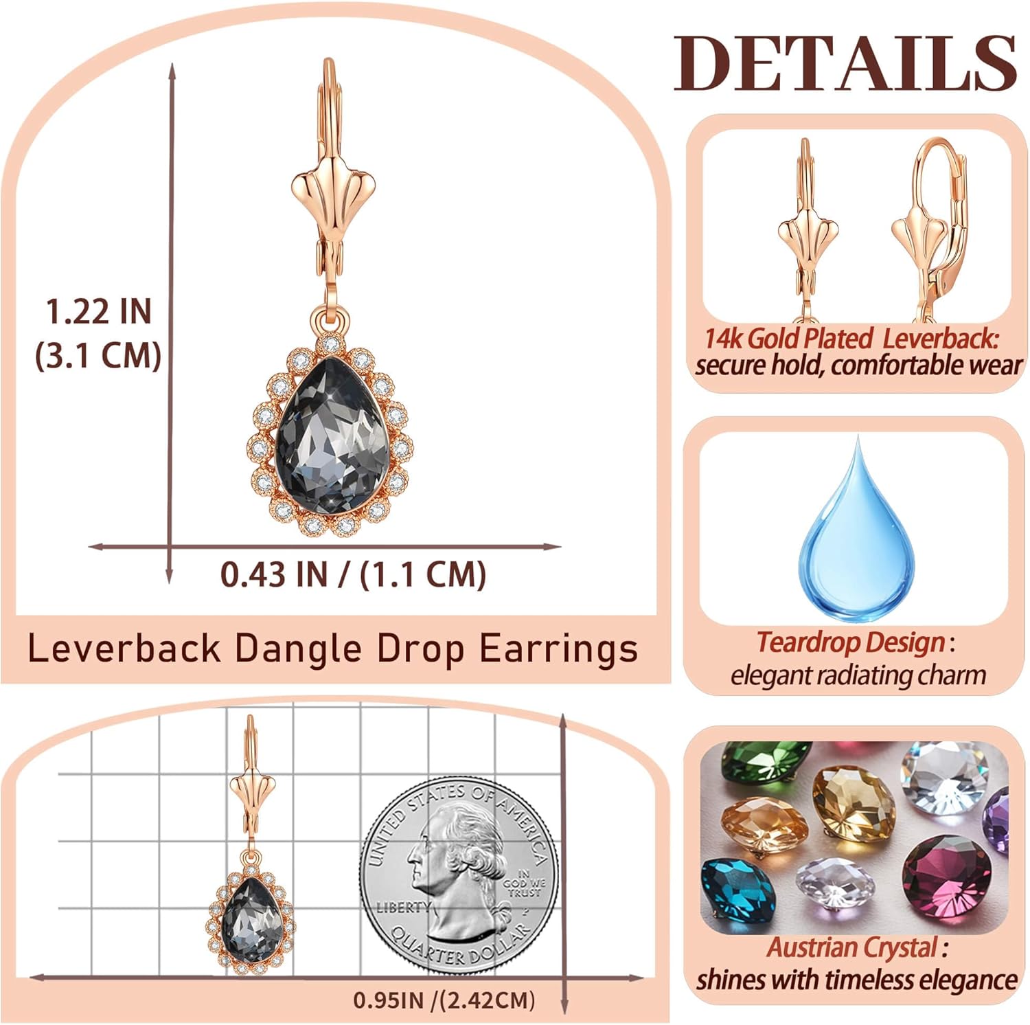 EVEVIC Austrian Crystal Teardrop Leverback Earrings for Women 14K Gold Plated Halo Dangle Drop Earring Jewelry Gifts - Image 6