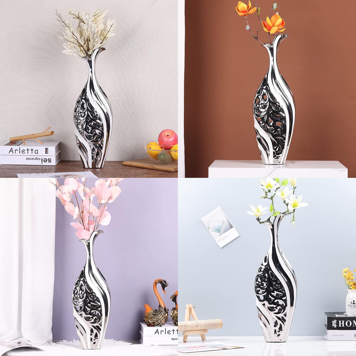 19 inch Floor Standing Large vase, Silver White Ceramic vase, Hollowed Out Large vase, Unique Pampas Grass vase Suitable for Living Room Floor, Home Office, Porch Home Center Decorative Large vase - Image 5