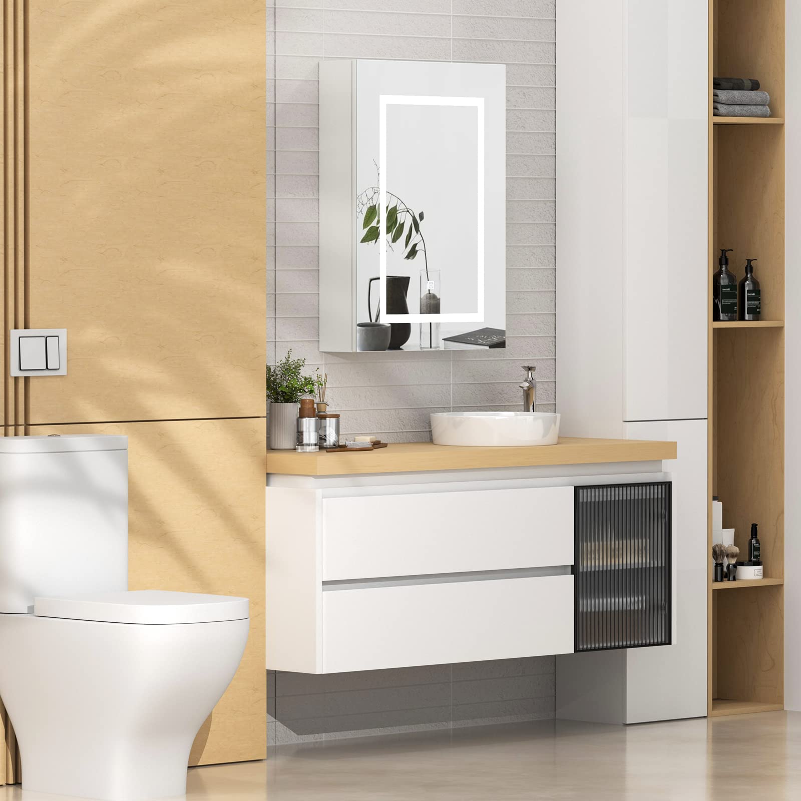 KEEPREAPER Spiegelschrank Bad mit Beleuchtung, Badschrank hängend mit Spiegel und 3 Einlegeböden, Badzimmerschrank für Badezimmer modern, 50x13x70cm