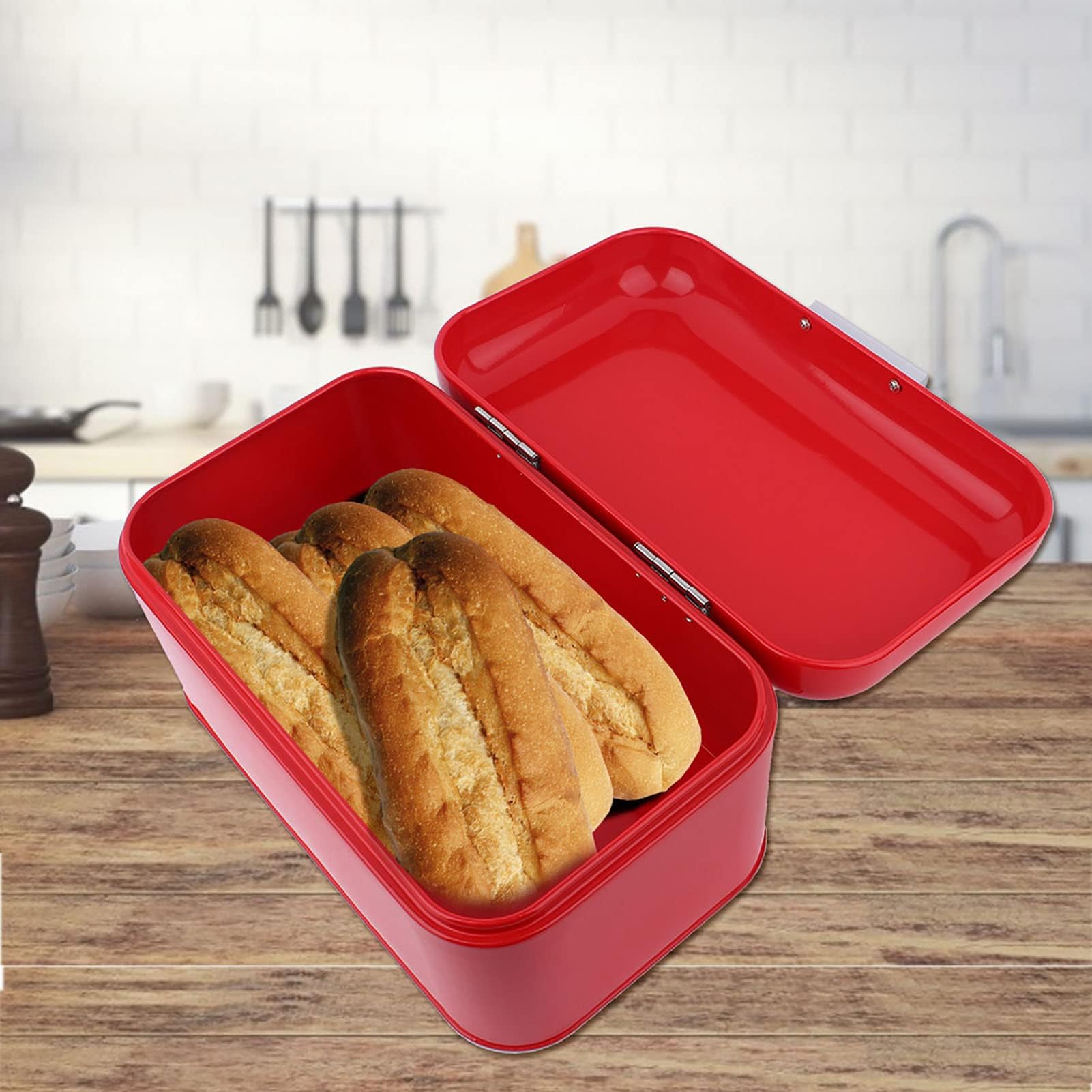 Panera de metal de 30,5 x 18,1 x 16 cm Caja de pan de metal retro de color sólido color sólido estilo retro con tapa gran capacidad ideal para la encimera de la cocina (rojo)