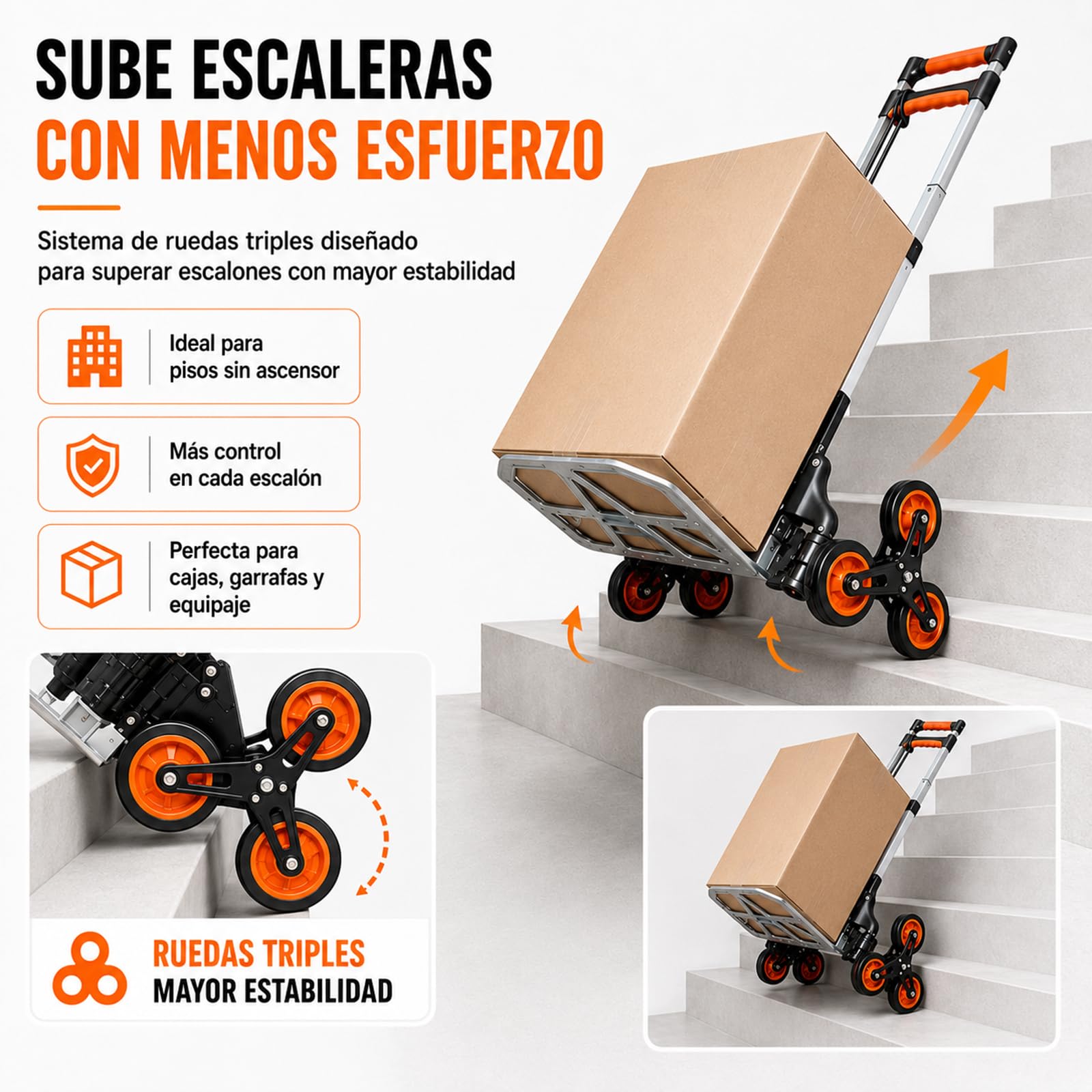 Carro Plegable para Subir escaleras, Carro de Alta Resistencia con Capacidad de Carga de 180 kg, Ruedas y asa telescópica, Adecuado para el Transporte doméstico