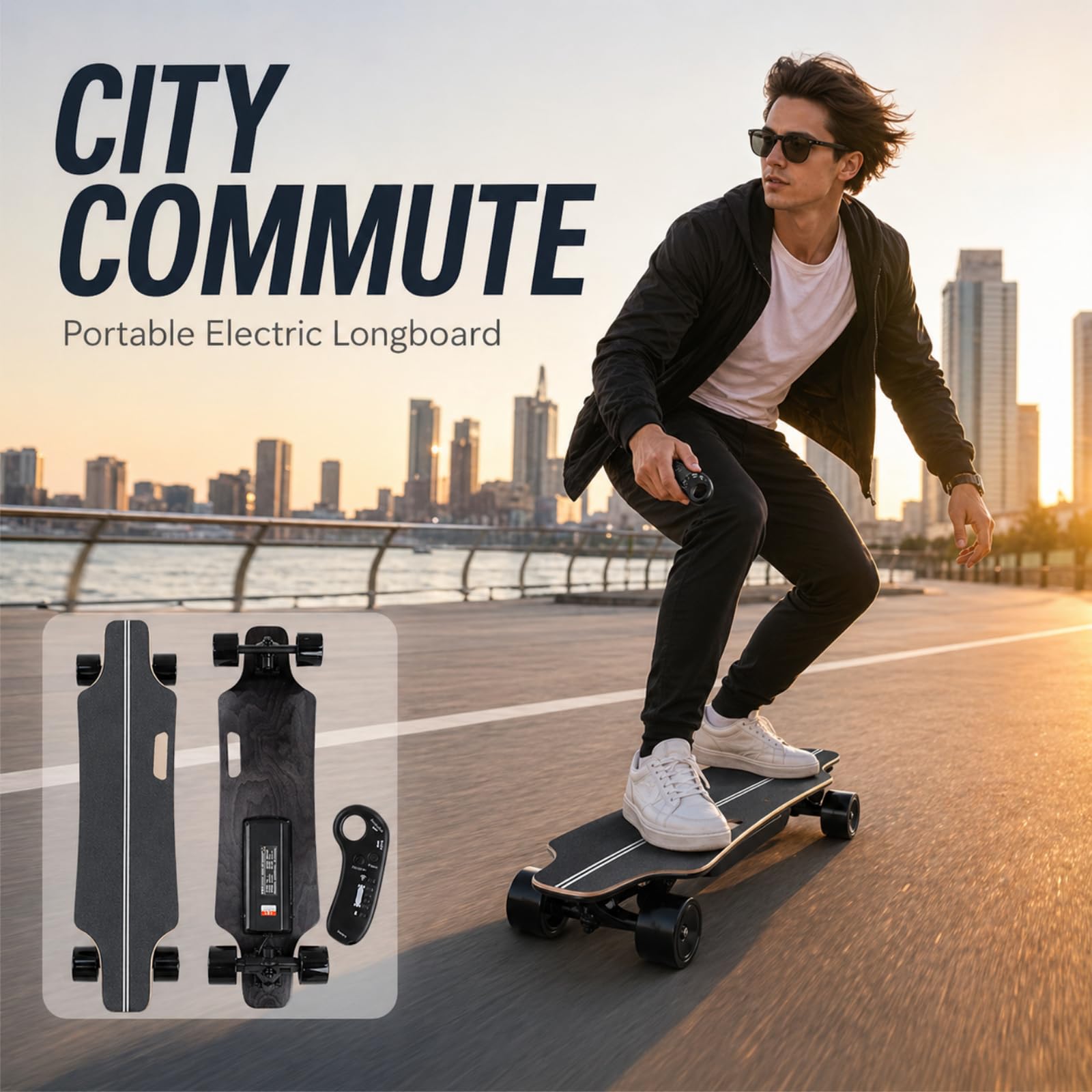 Skateboard Électrique Léger et Portable, Longboard Urbain | 8/15 km Autonomie, Idéal Débutant 8km