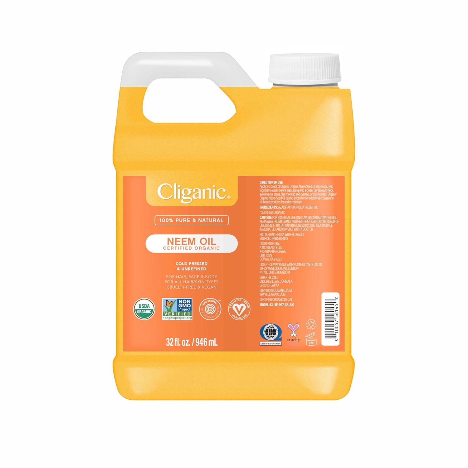 Cliganic Organic Neem Oil Bulk 32oz Jug for Face, Skin & Plants - 100% Pure | Natural Cold Pressed Non-GMO