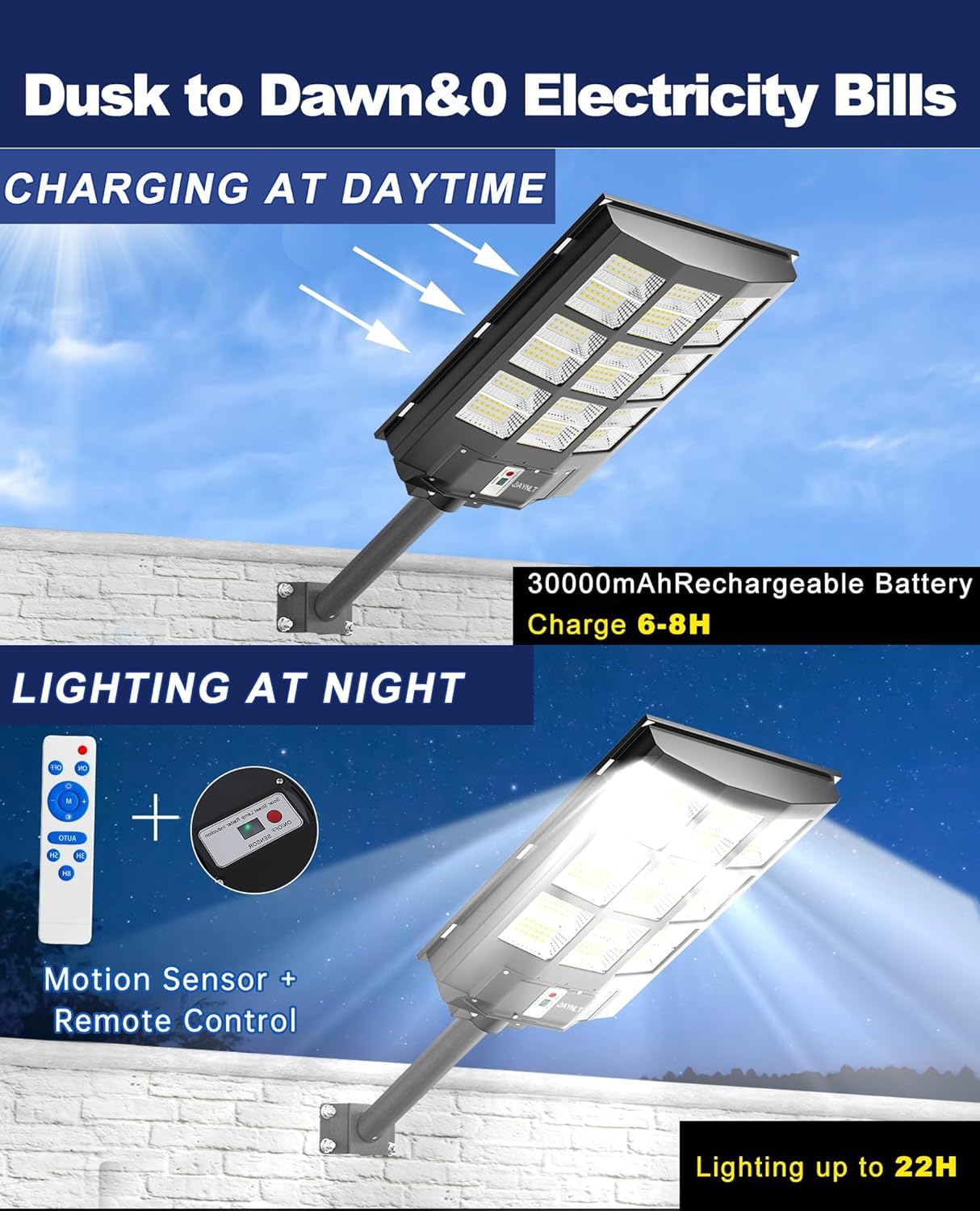 JAYNLT 3500W Lampione Solare Led Esterno, 6500K Faro Stradale con Pannello Solari, IP67 Impermeabile Luci Solari di Sicurezza, Lampioni Stradale con Sensore Movimento per Sentieri, Vialetti, Giardino
