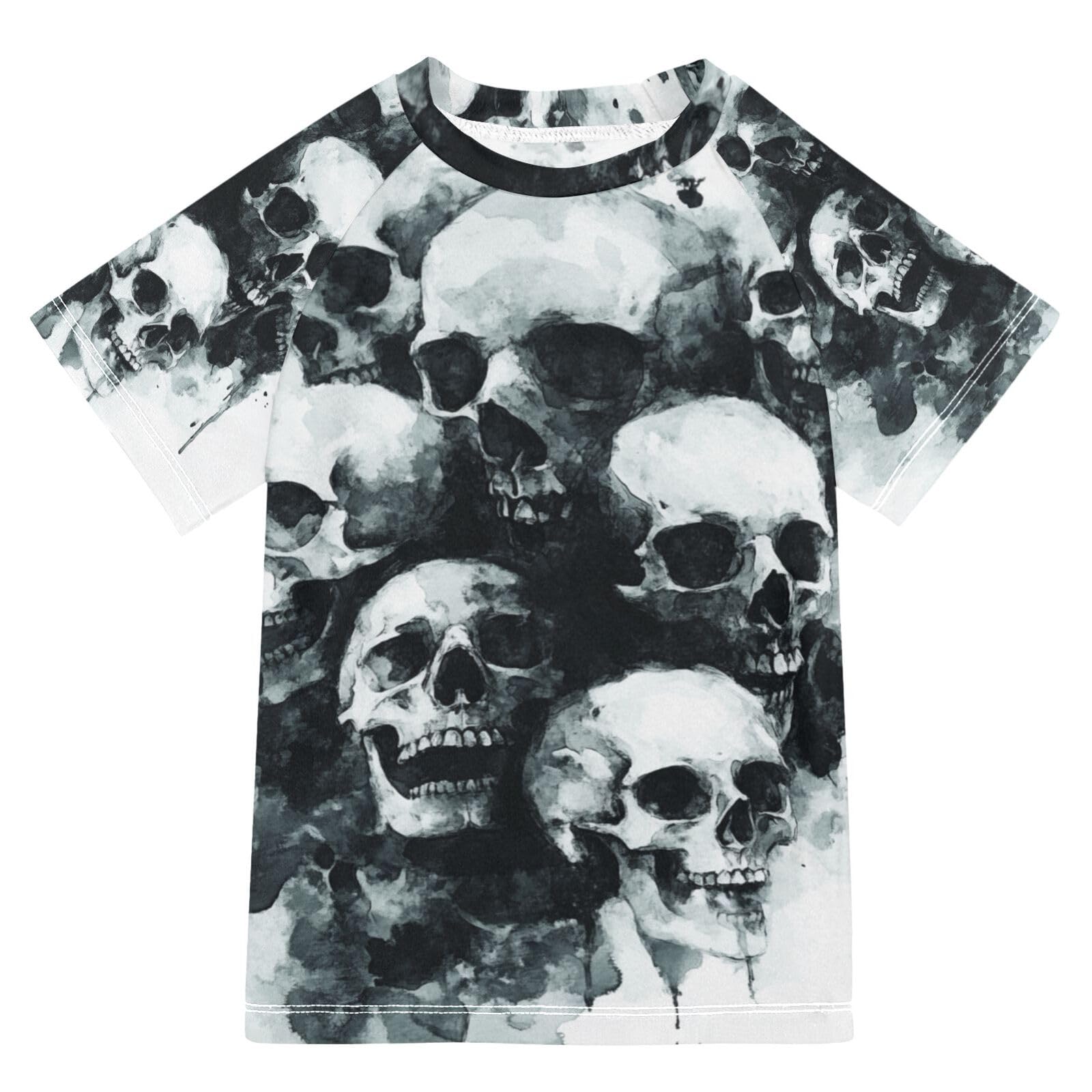 Jucciaco Boys Swimsuit Skull Terror Watercolor Sunscreen Kids Sun Rashguard Short Sleeve T-Shirts Swimwear Sets UPF 50+ Multicoloured