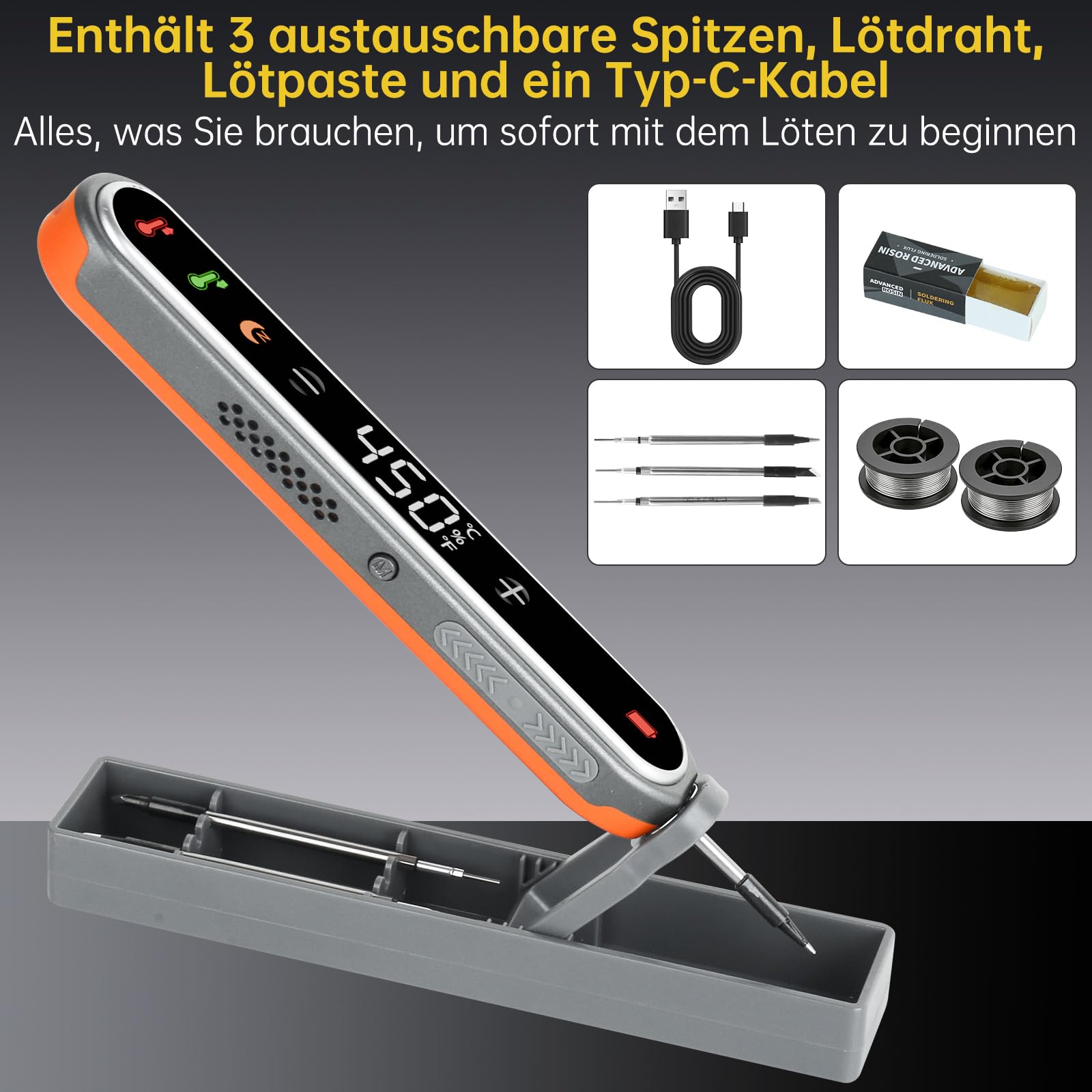 Akku Lötkolben Set kabellos USB-C 8s Aufheizung 180–450°C 1600mAh