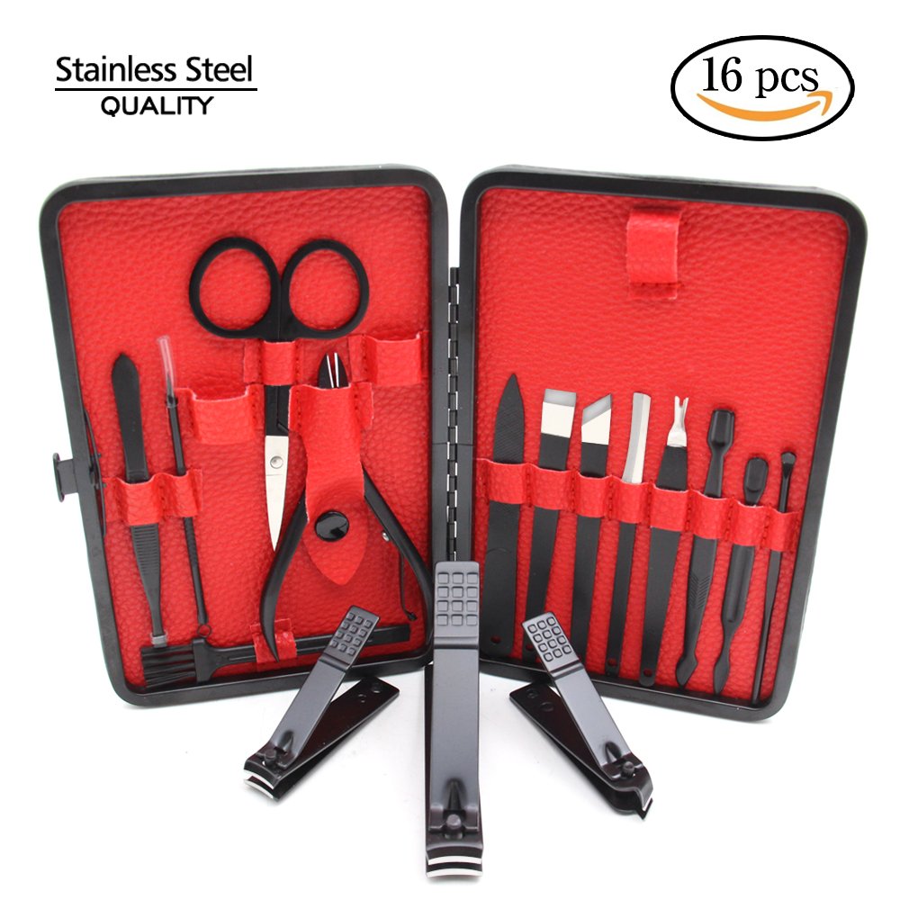 Manicure Set Pedicure Nail Clippers Tools - Mhot 16 in1 Mens Stainless Steel Professional Pedicure Kit Nail Scissors Grooming Kit with Black Leather Travel Case Tools