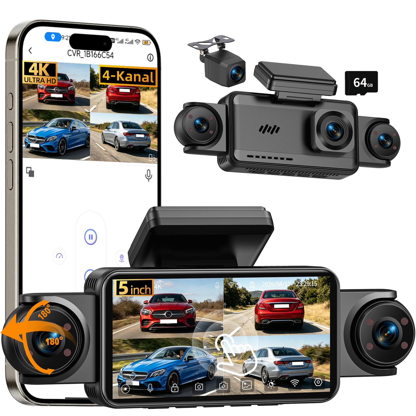 4k Dashcam Auto Vorne Hinten mit 5 Zoll Großes IPS Touch Display | 4 Kanal Dash Cam Auto Kamera 360°-Überwachung,Kostenlose 64GB-Karte,WDR-Nachtsicht,G-Sensor,24/7 Parkmodus,Loop-Aufnahme,App