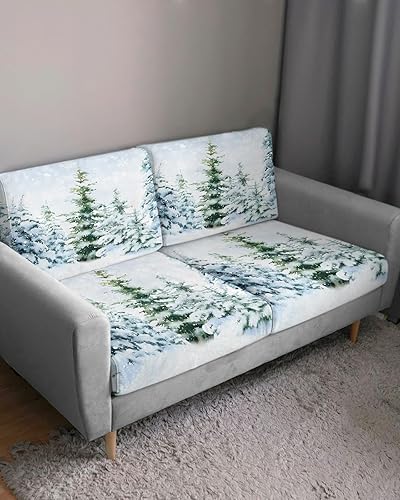 Miniatura 3 de Christmas Tree Couch Cushion Covers, Stretch Sofa Cover with Elastic Bottom, Green Blue Xmas Tree Winter Snowflake Sofa Slipcovers Protector