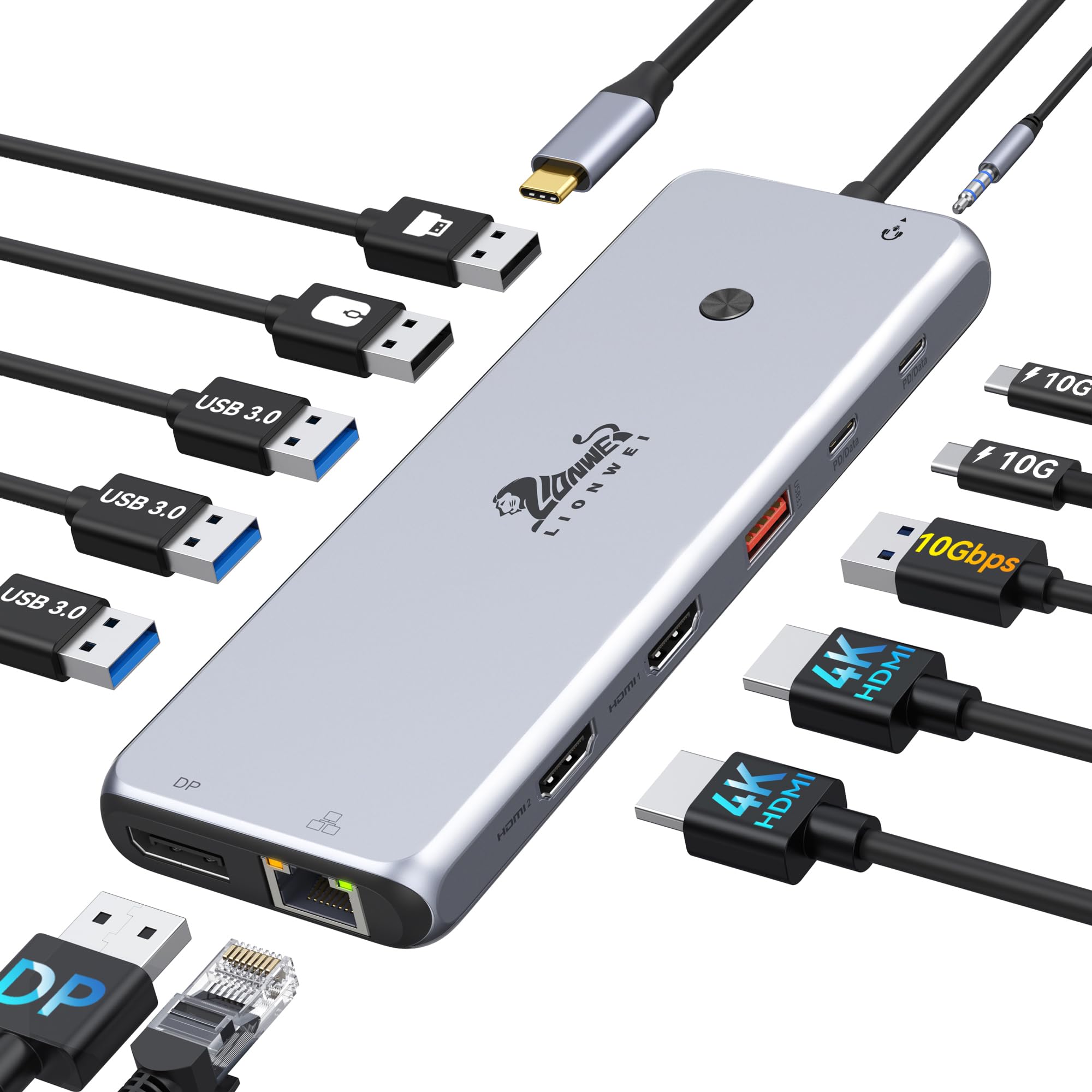 USB C Docking Station Triple Display 13 in 1 Dockingstation Laptop Dual Monitore USB C Hub mit 2X HDMI, Displayport, 8 USB C/A Ports, Ethernet,100W PD, Audio/Mic für Dell HP Surface