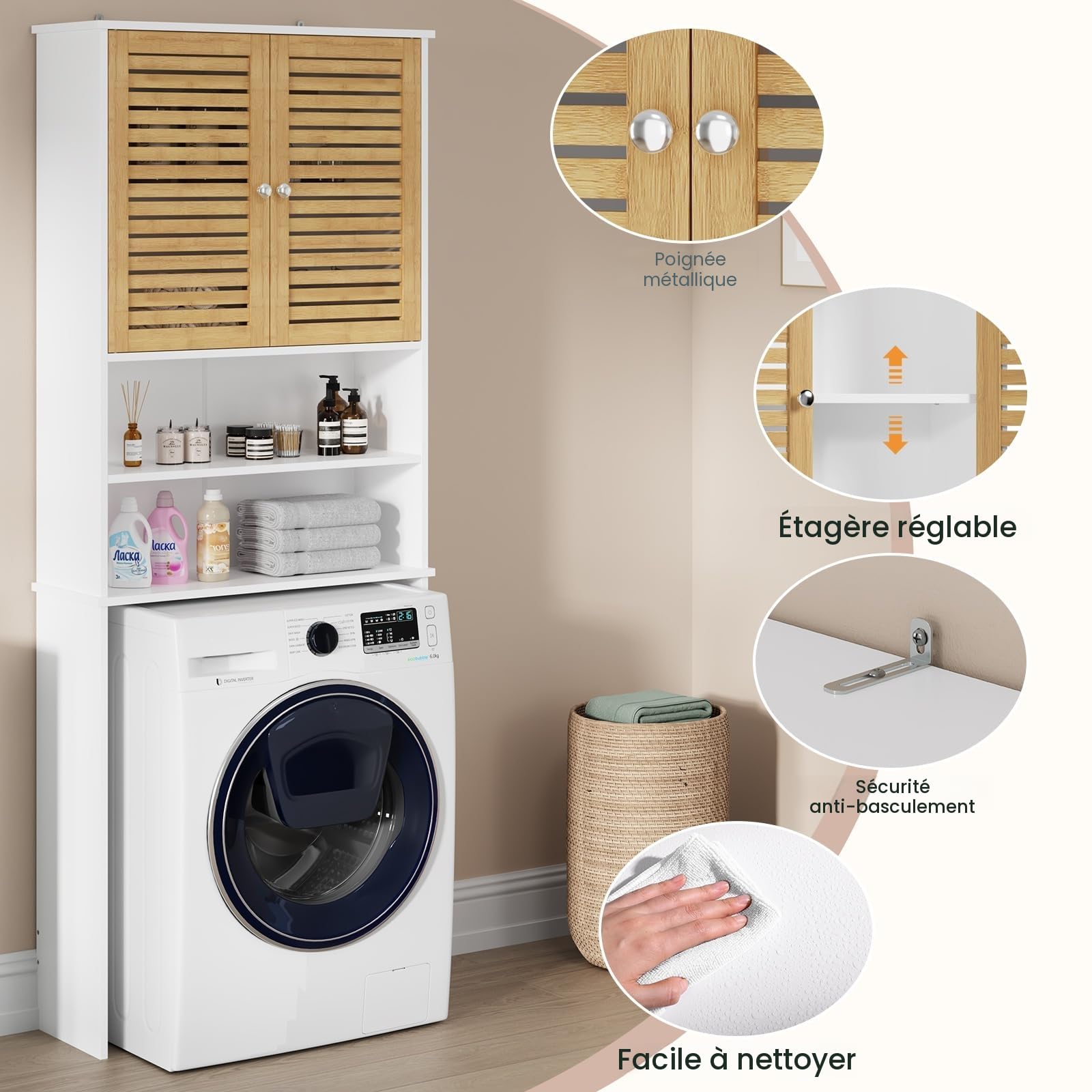 Meuble Machine à Laver, Armoire Dessus Toilette avec 2 Compartiments Ouverts, Espace Derrière 2 Portes en Bambou, Meuble WC Rangement avec Étagère Réglables, 185,5 x 65 x 24 cm