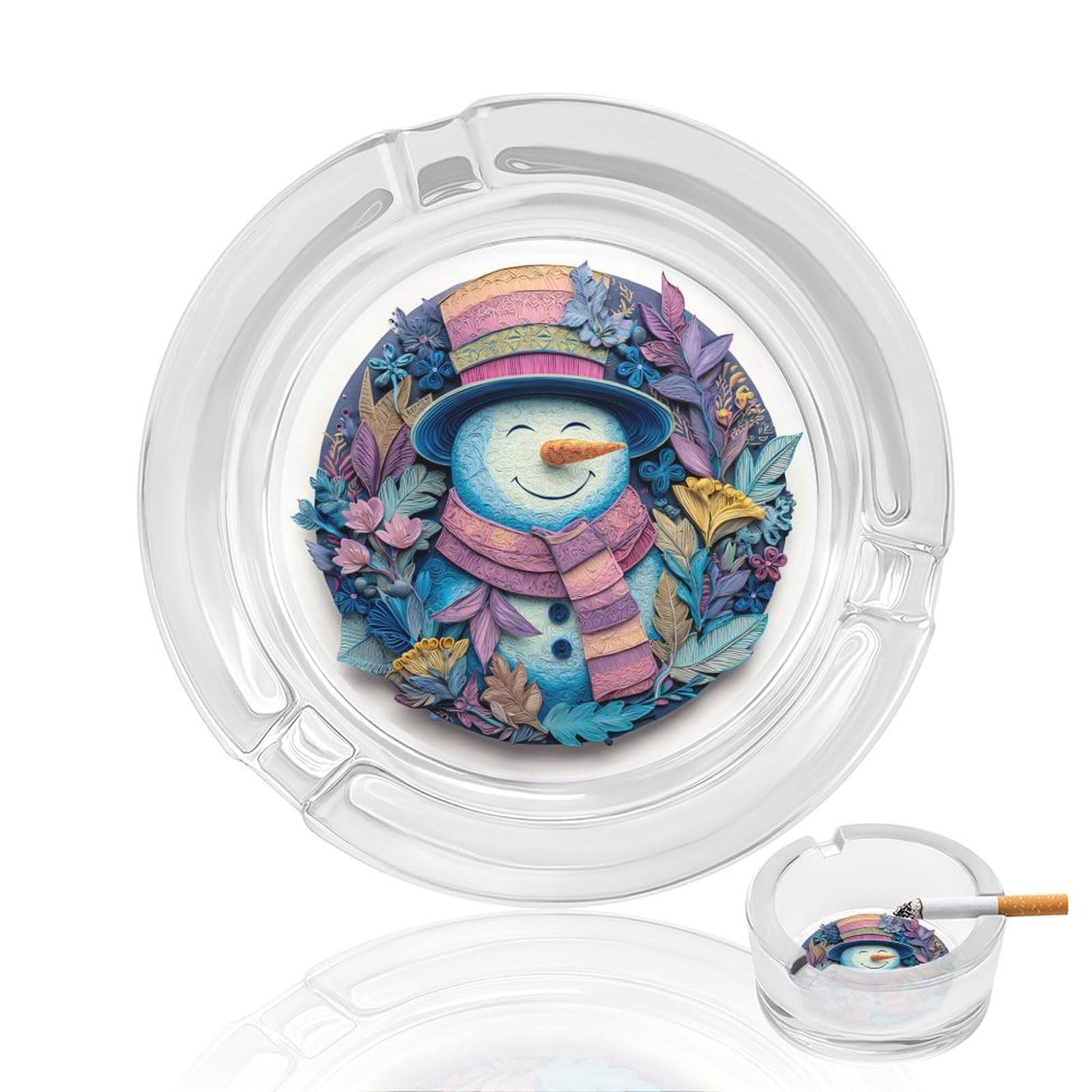 Smiling Snowman Top Hat Flowers Glass Ashtray for Cigarettes Portable Decorative Ash Trays for Home Office Decor
